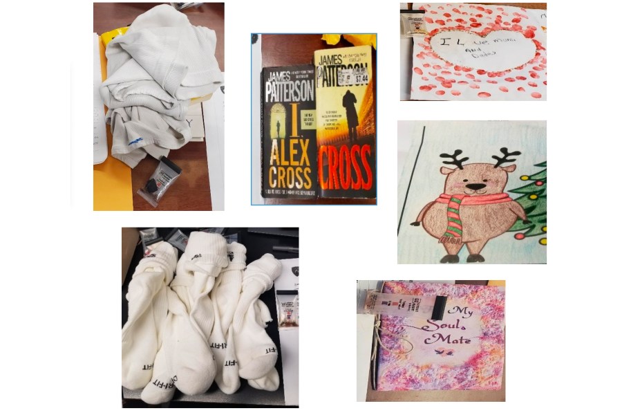 These 2022 undated images show examples of items from the mailroom at the Rikers Island jail in New York that field-tested positive for fentanyl. Results from retesting later at a lab of the t-shirts and reindeer drawing showed no traces of the drug. (New York City Department of Investigation via AP.)