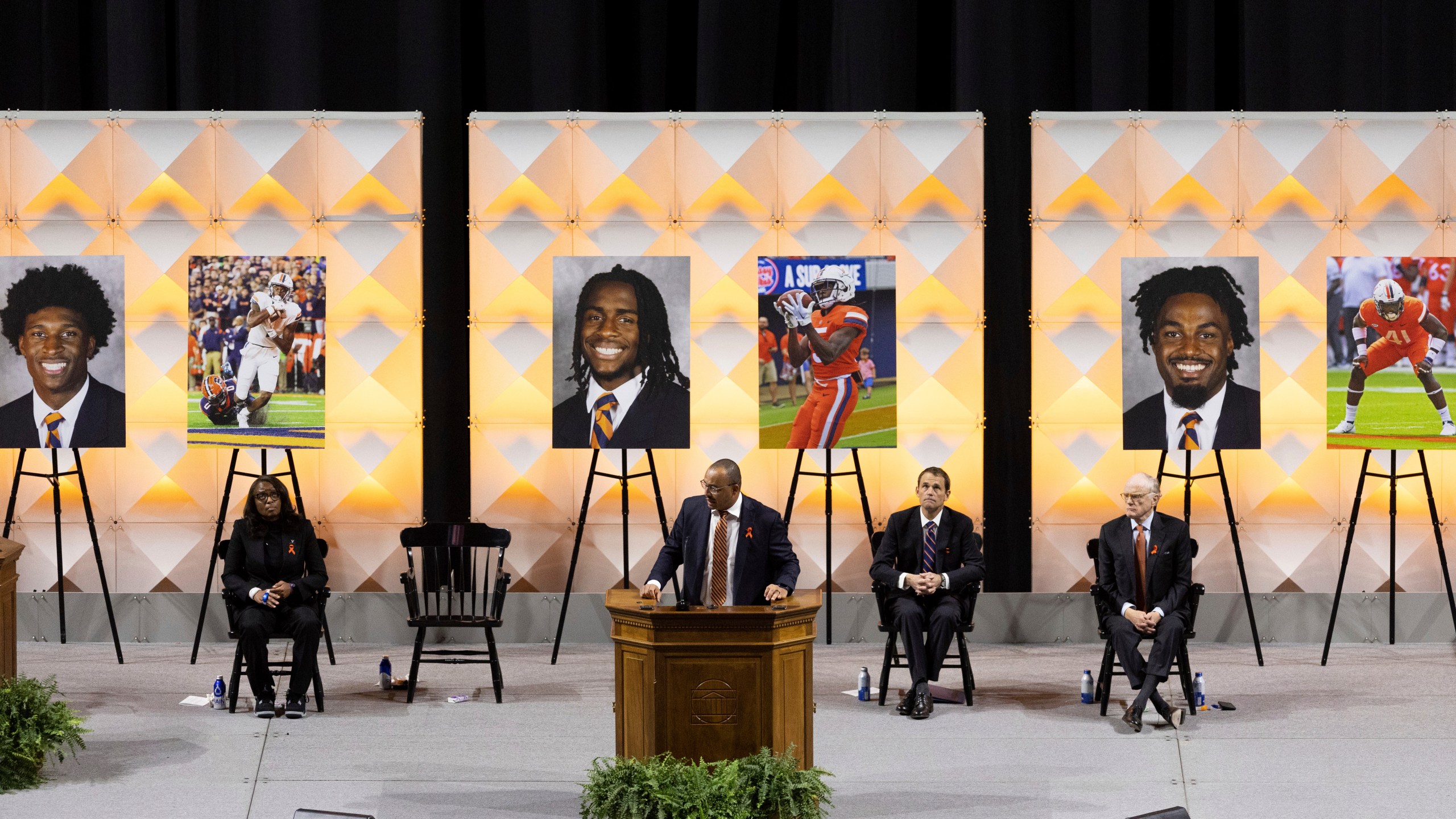 FILE - University of Virginia head football coach Tony Elliott speaks at a memorial service for Lavel Davis Jr., D’Sean Perry and Devin Chandler, Nov. 19, 2022, in Charlottesville, Va. (Mike Kropf/The Daily Progress via AP, File)