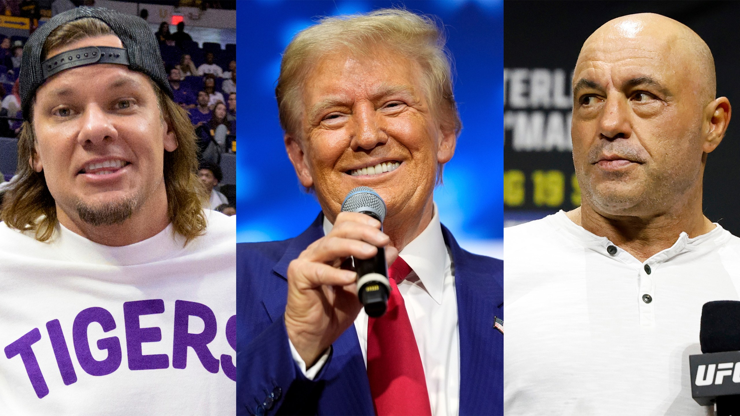 This combination of images shows comedian and podcaster Theo Von, left, President Donald Trump, center, and comedian-commentator and podcaster Joe Rogan. (AP Photo)