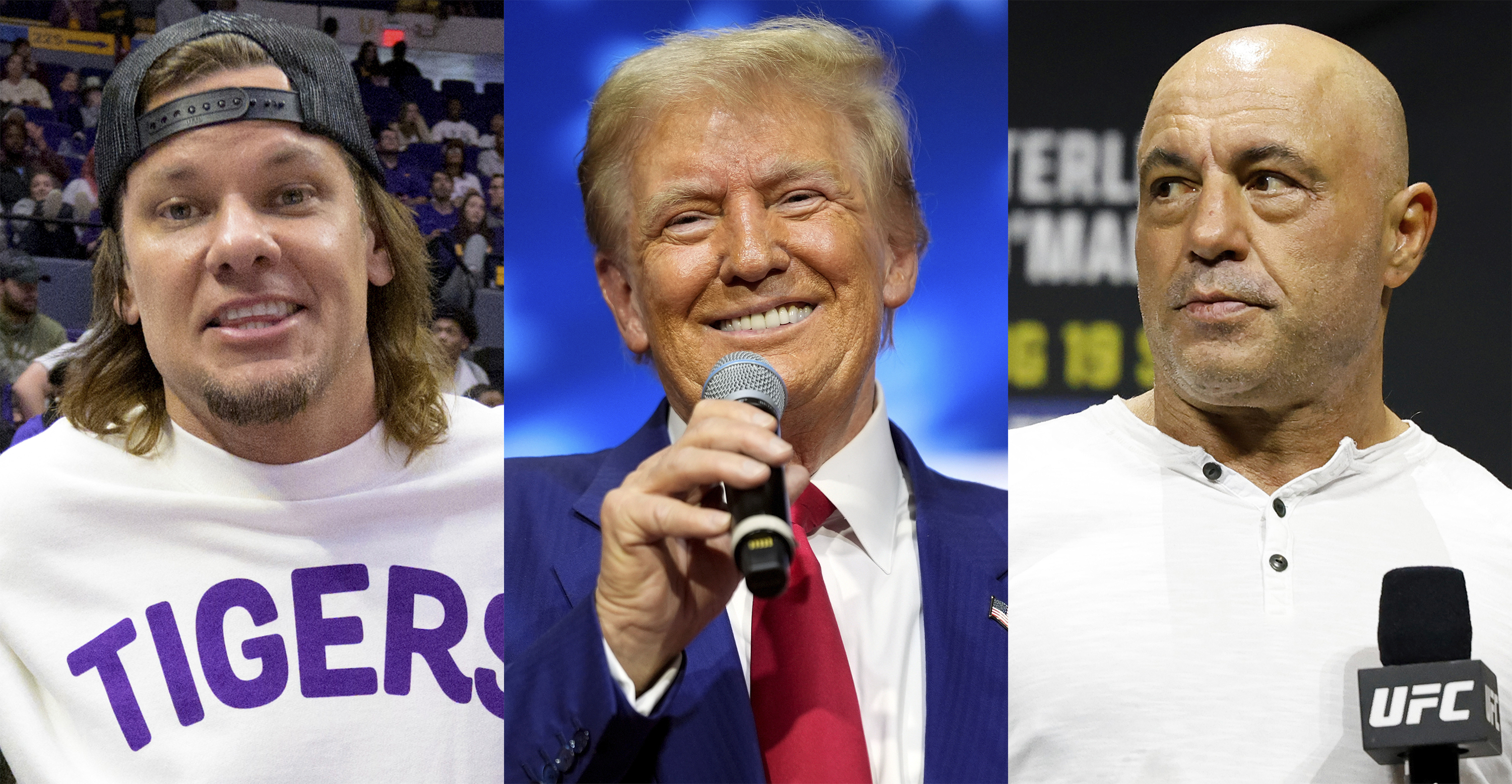 This combination of images shows comedian and podcaster Theo Von, left, President Donald Trump, center, and comedian-commentator and podcaster Joe Rogan. (AP Photo)