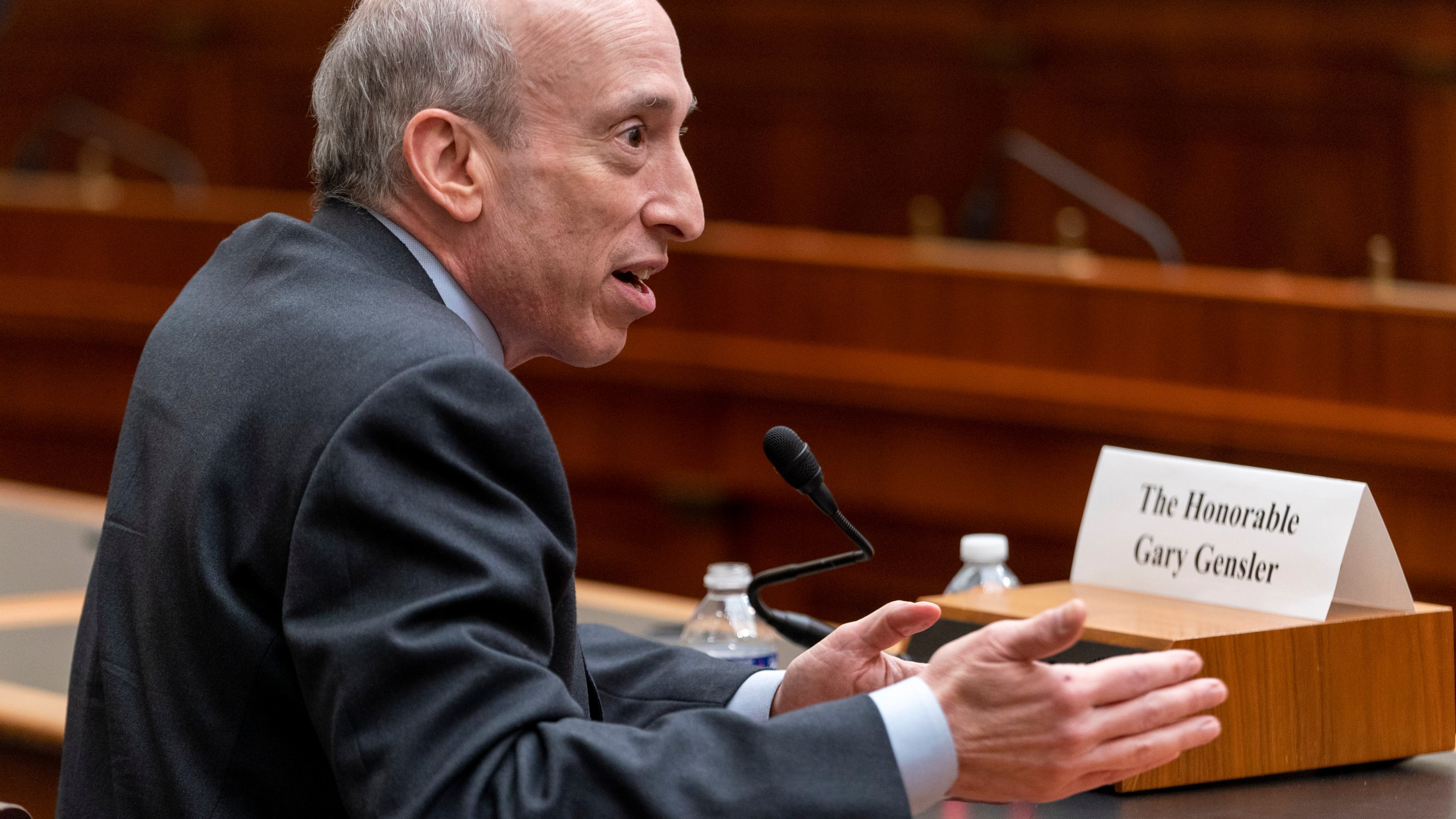 FILE - Securities and Exchange Commission (SEC) Chair Gary Gensler testifies during a House Financial Services Committee hearing on oversight of the SEC, April 18, 2023, on Capitol Hill in Washington. (AP Photo/Jacquelyn Martin, File)