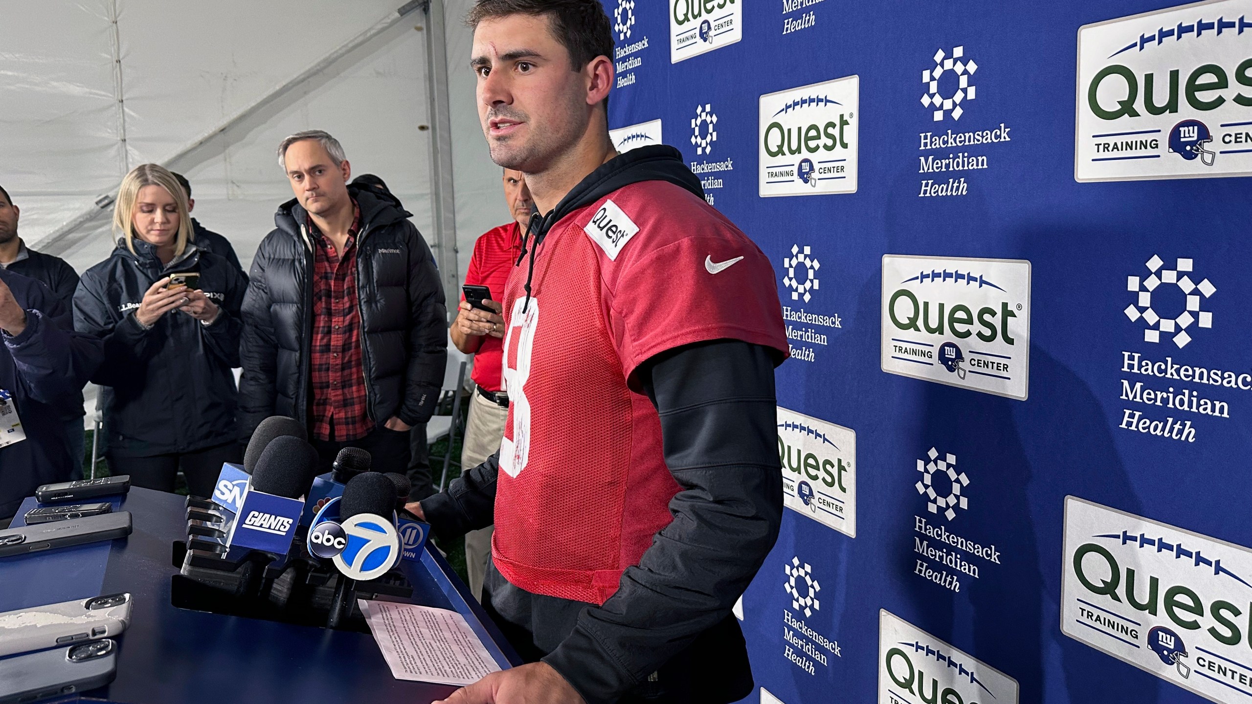 New York Giants NFL football quarterback Daniel Jones speaks to the media Thursday, Nov. 21, 2024, in East Rutherford, N.J. (AP Photo/Tom Canavan)