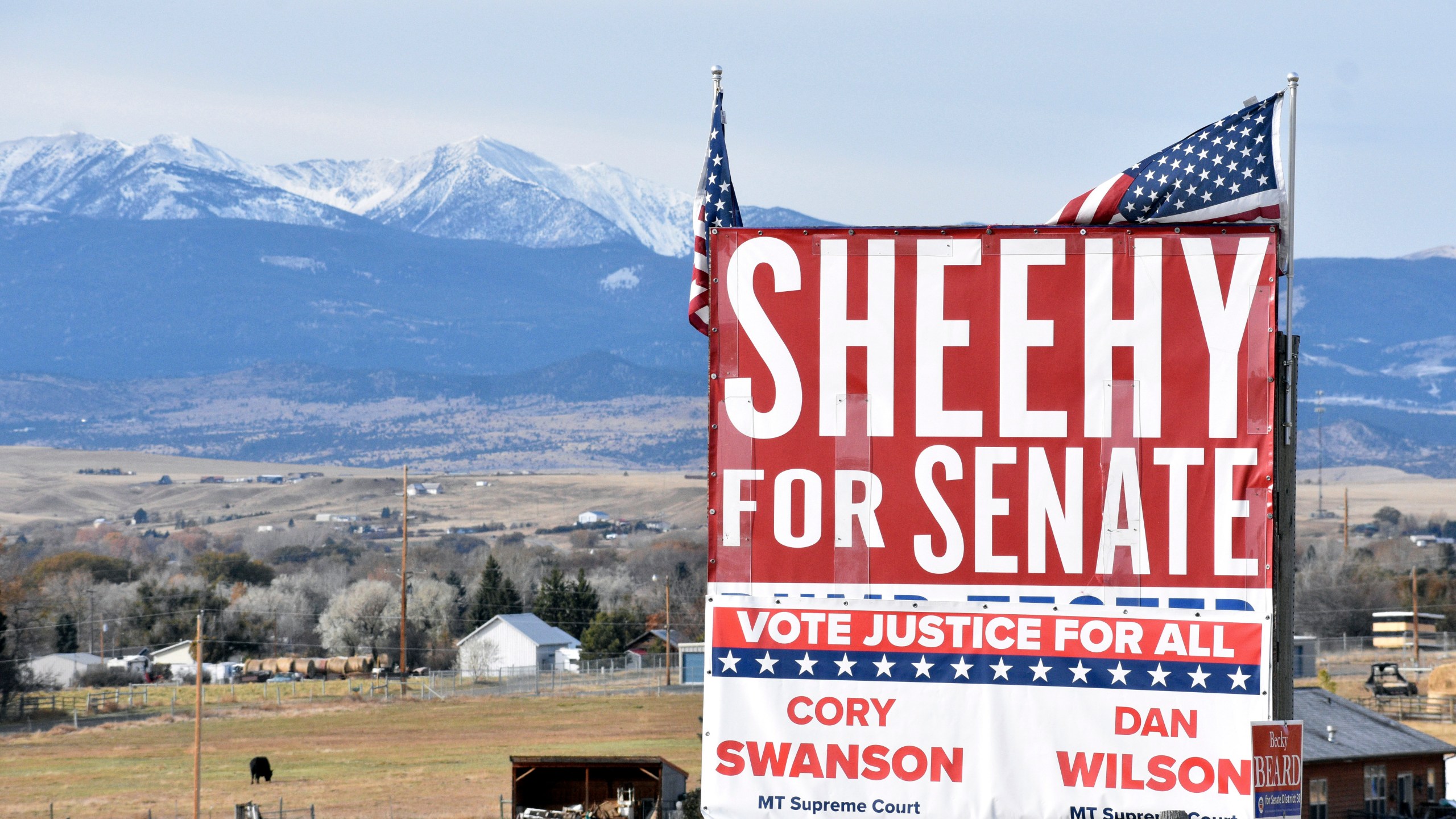 A sign for Republican Tim Sheehy's U.S. Senate campaign is seen along U.S. Interstate 90 on Nov. 1, 2024, near Whitehall, Mont. (AP Photo/Matthew Brown)