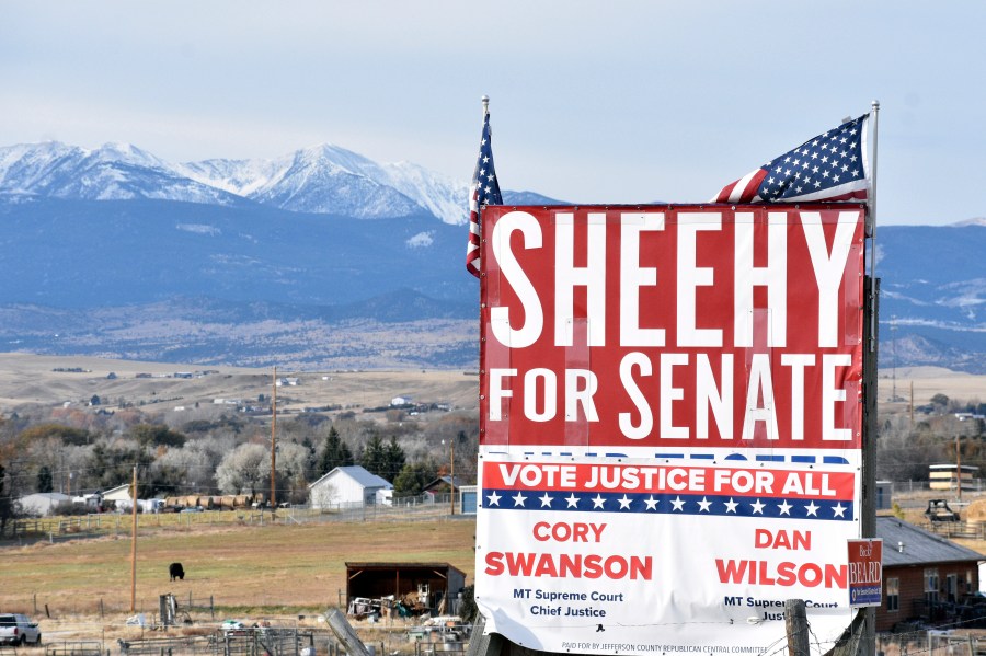 A sign for Republican Tim Sheehy's U.S. Senate campaign is seen along U.S. Interstate 90 on Nov. 1, 2024, near Whitehall, Mont. (AP Photo/Matthew Brown)