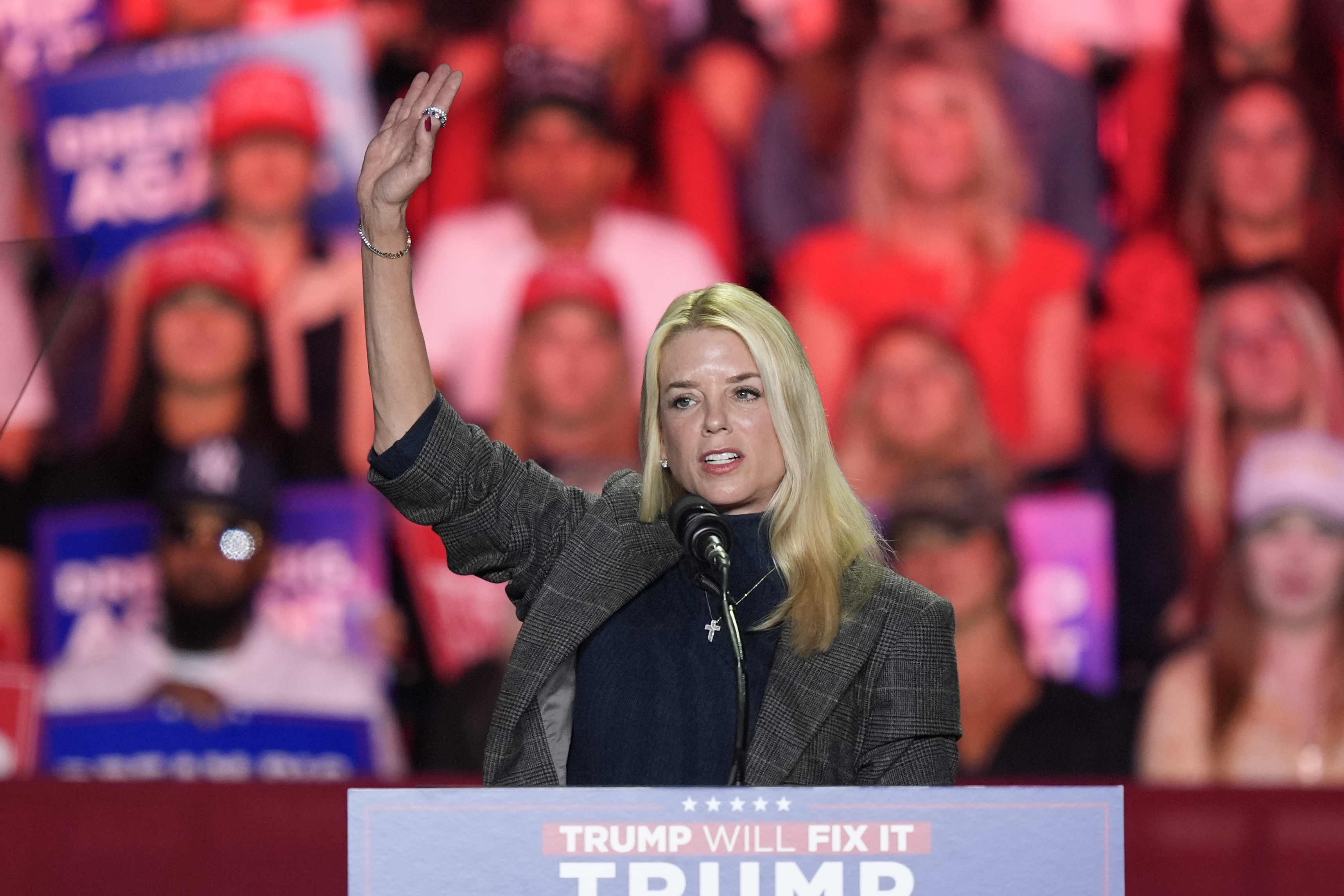 Former Florida Attorney General Pam Bondi, speaks before Republican presidential nominee former President Donald Trump arrives to speak at a campaign rally at First Horizon Coliseum, Saturday, Nov. 2, 2024, in Greensboro, NC. (AP Photo/Alex Brandon)