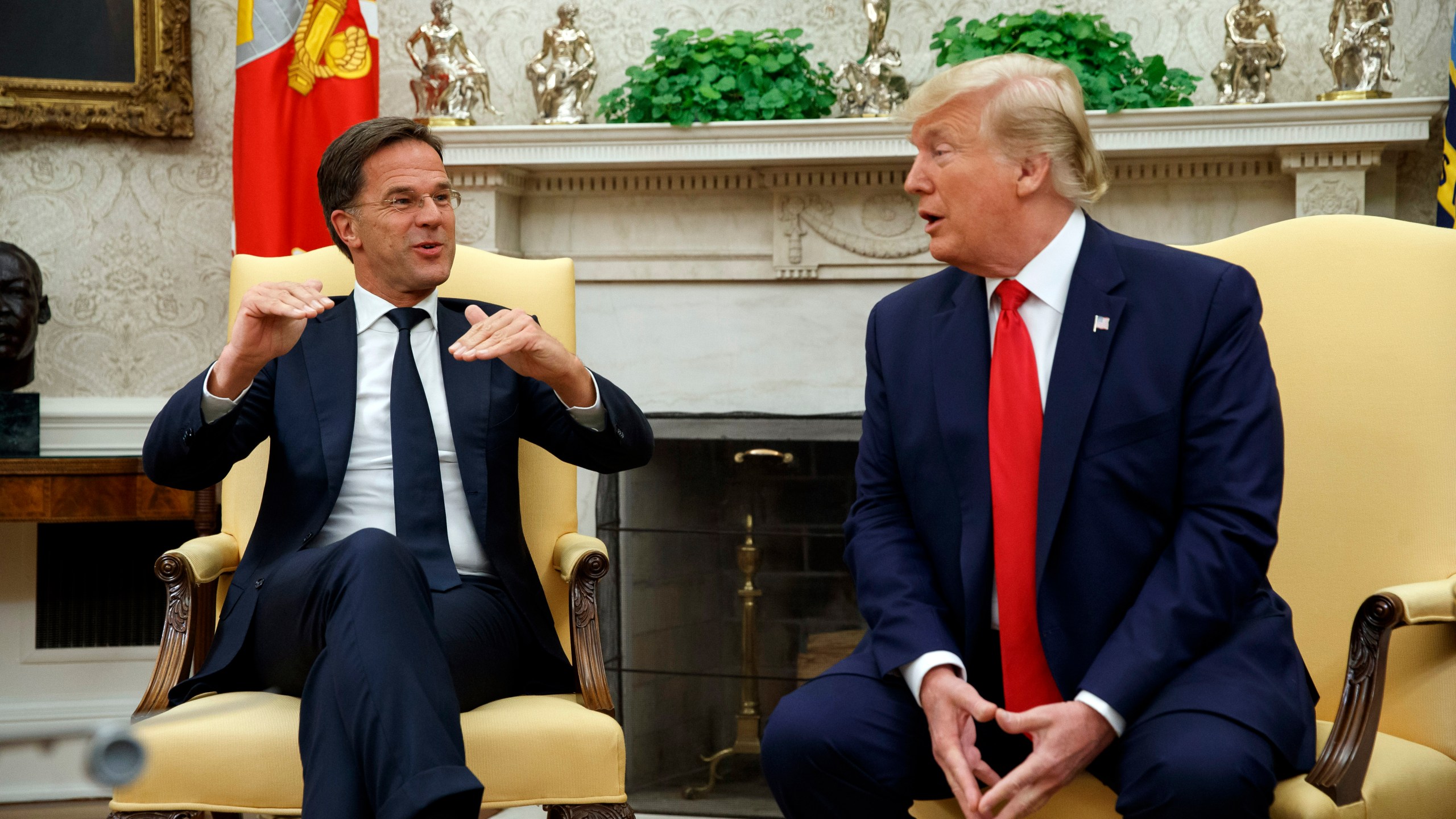 FILE - President Donald Trump speaks during a meeting with the Dutch Prime Minister Mark Rutte in the Oval Office of the White House, Thursday, July 18, 2019, in Washington. (AP Photo/Alex Brandon, File)