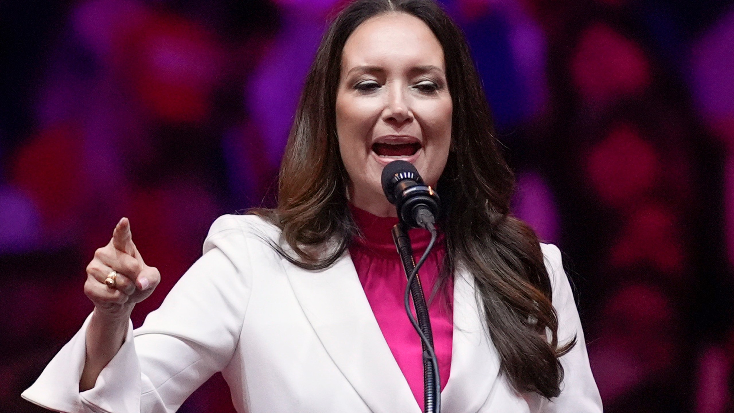 FILE - Brooke Rollins speaks at a campaign rally at Madison Square Garden, Oct. 27, 2024, in New York. (AP Photo/Evan Vucci, File)