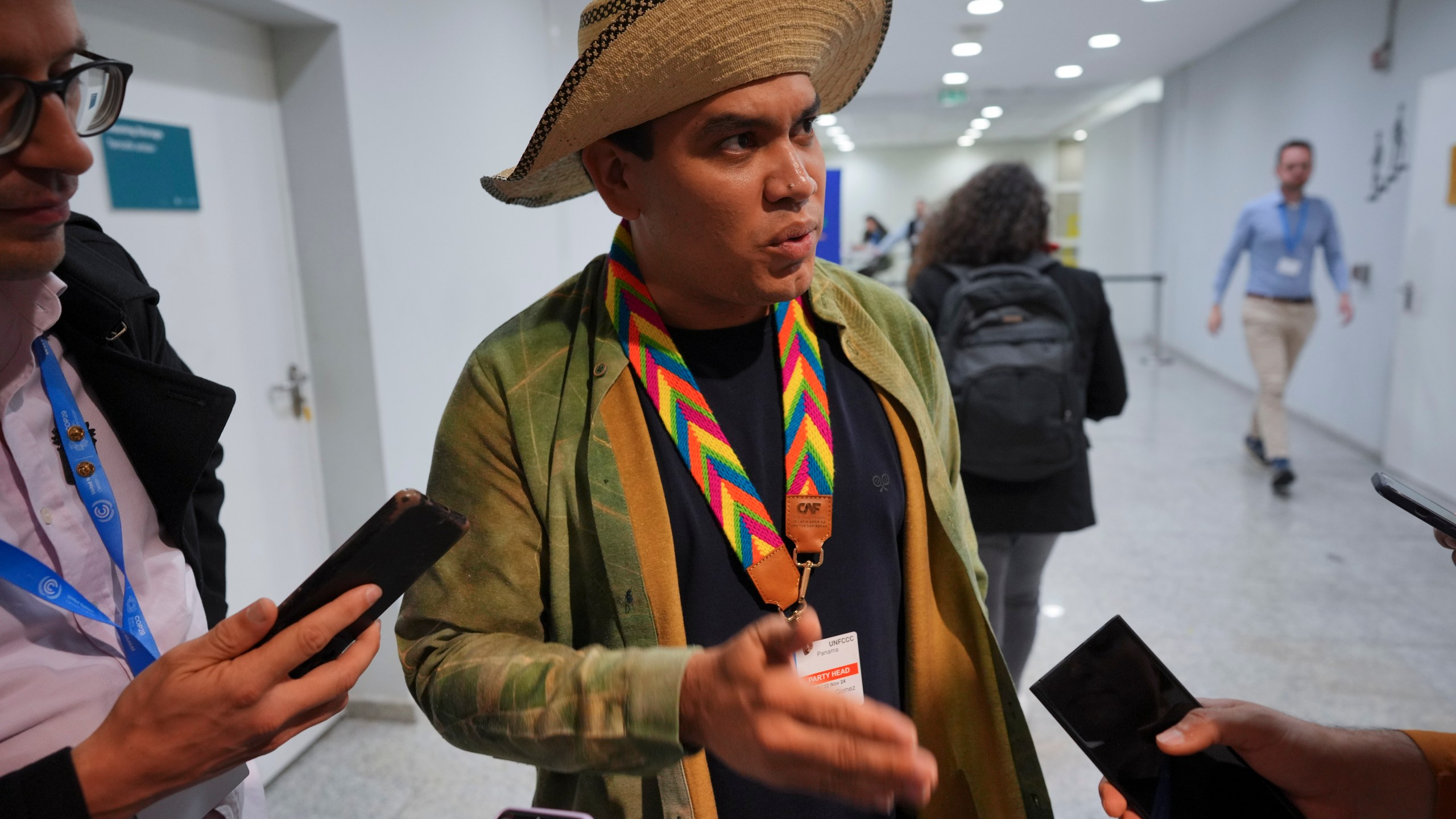 Panama Climate Envoy Juan Carlos Monterrey Gomez speaks to members of the media at the COP29 U.N. Climate Summit, Saturday, Nov. 23, 2024, in Baku, Azerbaijan. (AP Photo/Peter Dejong)