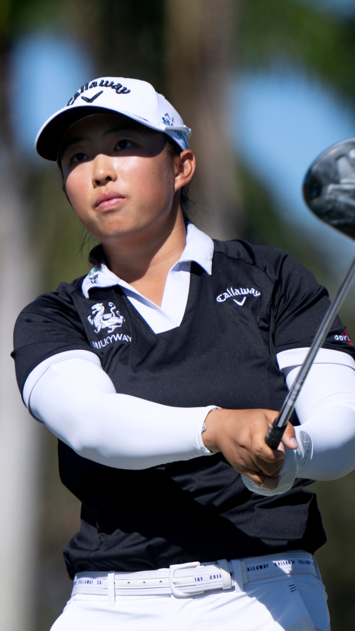 Ruoning Yin tees off on the eighth hole during the final round of the LPGA CME Group Tour Championship golf tournament Sunday, Nov. 24, 2024, in Naples, Fla. (AP Photo/Chris Tilley)