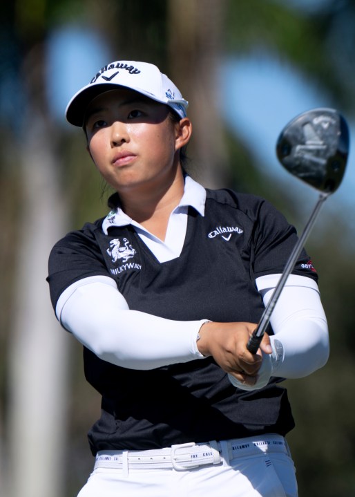 Ruoning Yin tees off on the eighth hole during the final round of the LPGA CME Group Tour Championship golf tournament Sunday, Nov. 24, 2024, in Naples, Fla. (AP Photo/Chris Tilley)