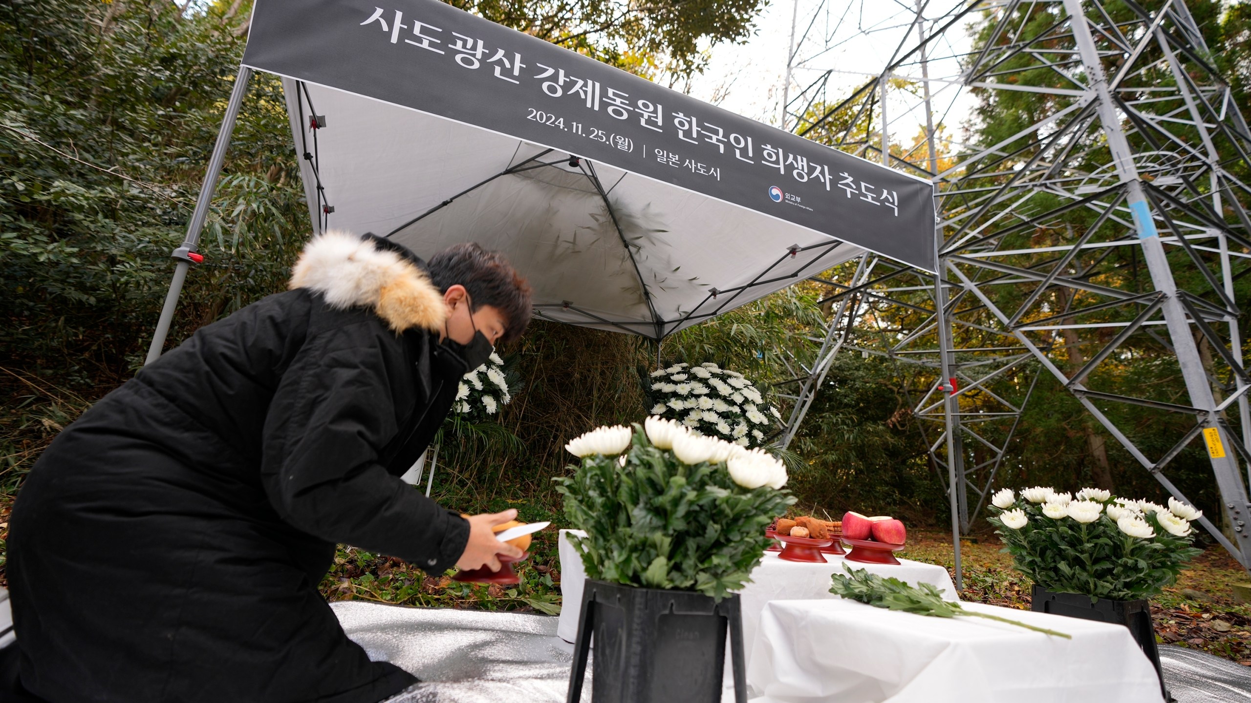 A staff prepare offerings prior to a memorial service held by relatives of Korean victims and South Korean officials in Sado, Niigata prefecture, Japan, Monday, Nov. 25, 2024, after boycotting a memorial organized by Japanese officials. (AP Photo/Eugene Hoshiko)