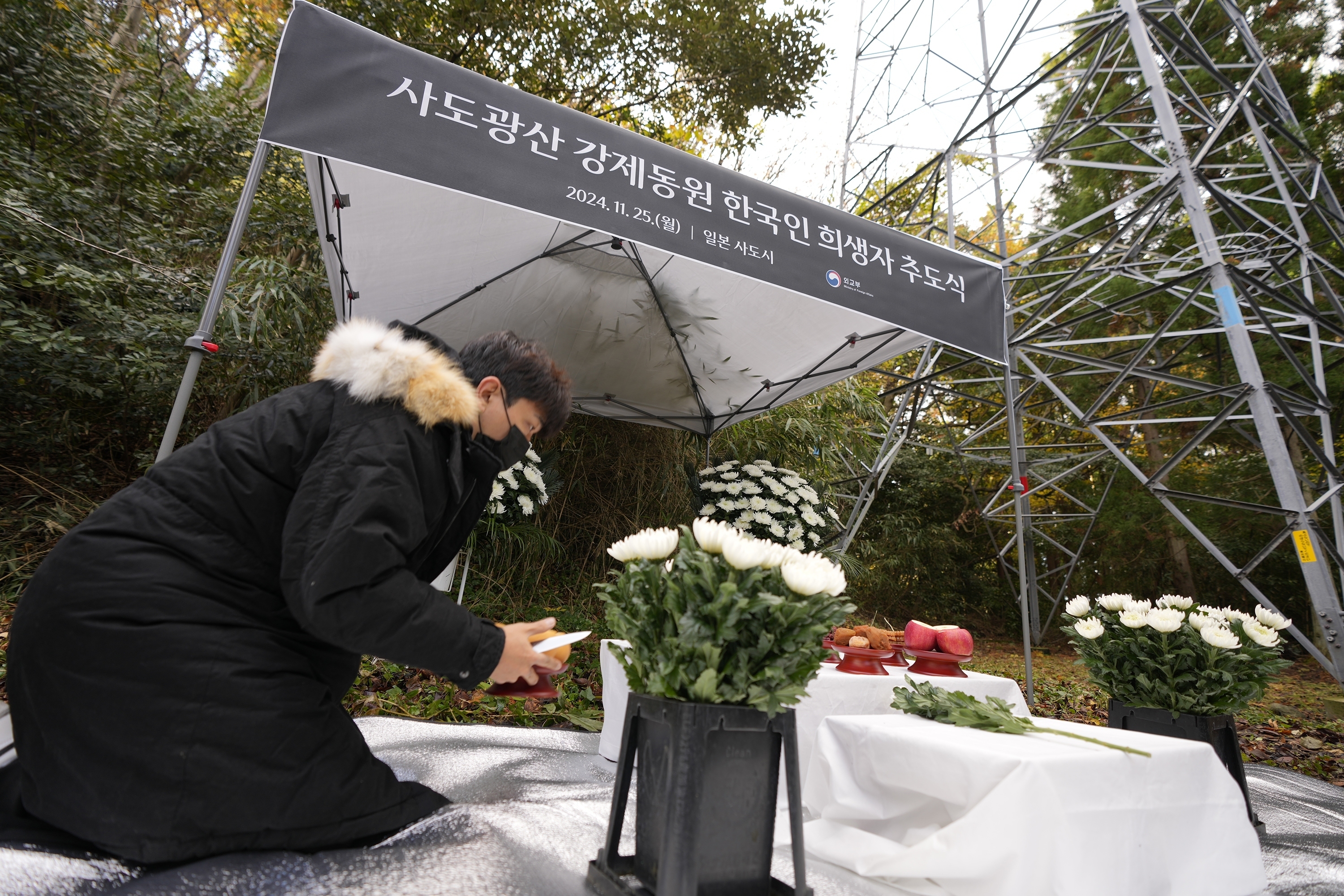 A staff prepare offerings prior to a memorial service held by relatives of Korean victims and South Korean officials in Sado, Niigata prefecture, Japan, Monday, Nov. 25, 2024, after boycotting a memorial organized by Japanese officials. (AP Photo/Eugene Hoshiko)