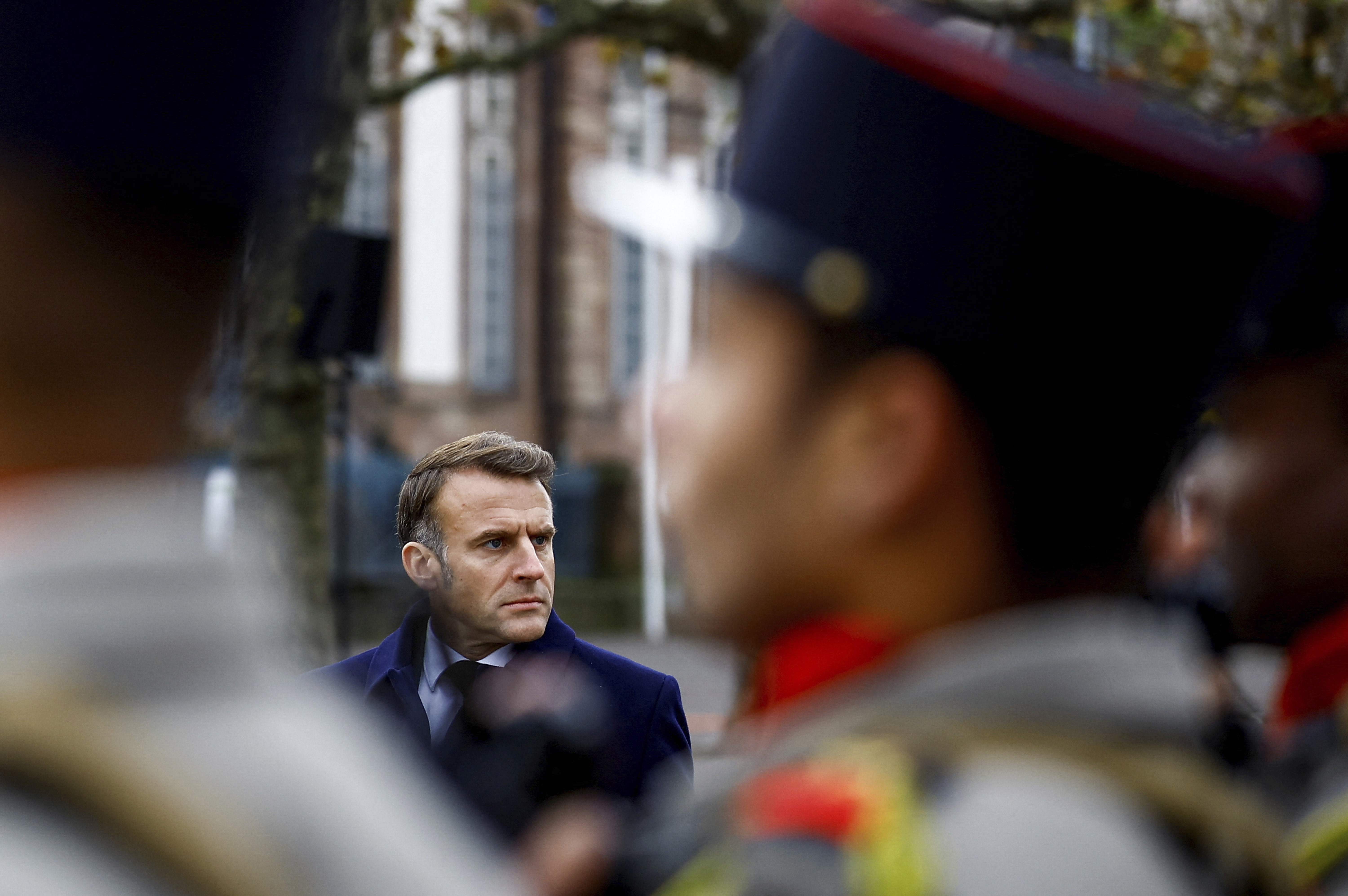 French President Emmanuel Macron attends a ceremony to mark the 80th anniversary of the Liberation of Strasbourg, at the Place Broglie in Strasbourg, eastern France, Saturday, Nov. 23, 2024. (Sarah Meyssonnier/Pool Photo via AP)