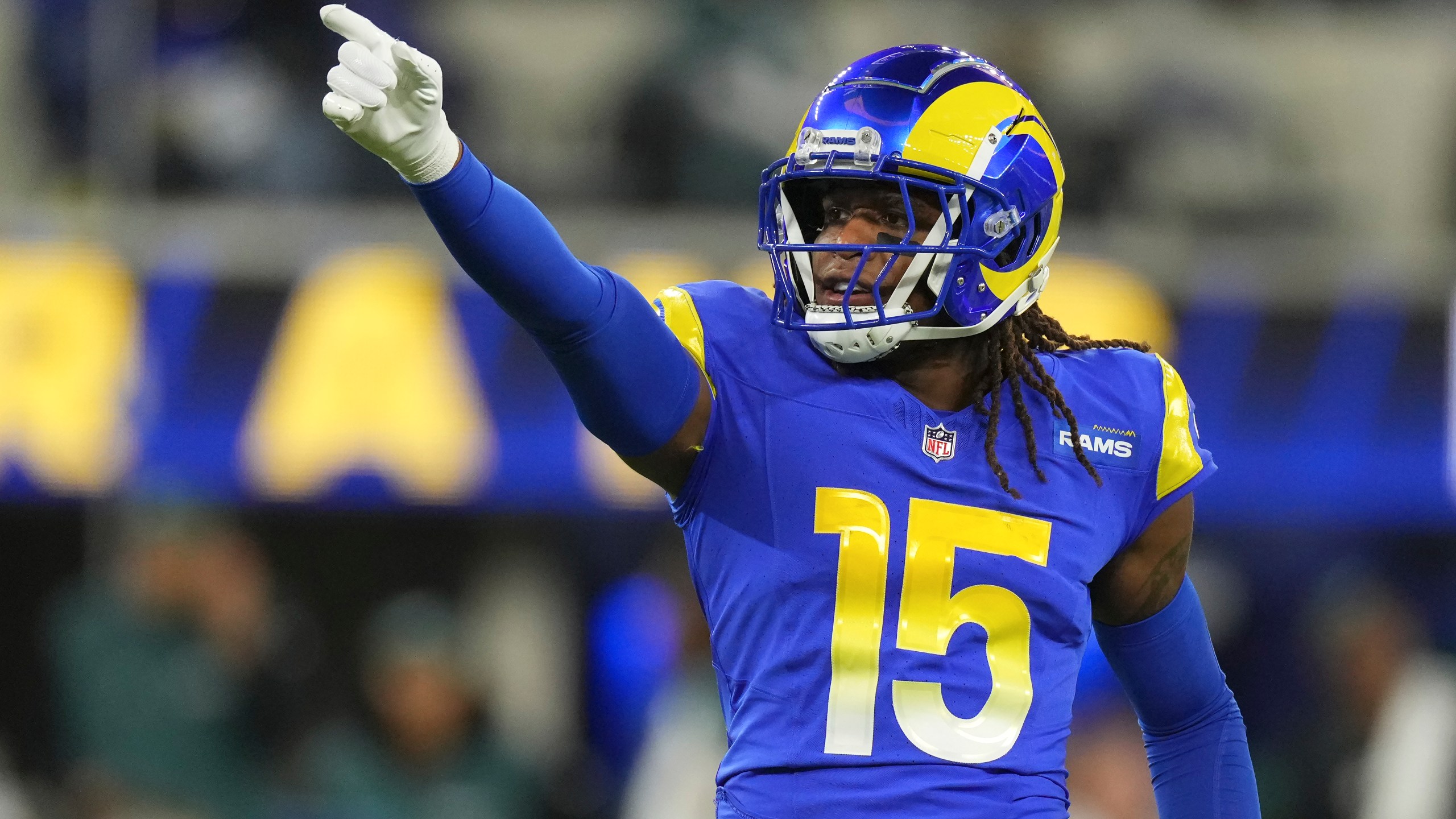 Los Angeles Rams wide receiver Demarcus Robinson (15) gestures during the first half of an NFL football game against the Philadelphia Eagles in Inglewood, Calif., Sunday, Nov. 24, 2024. (AP Photo/Mark J. Terrill)