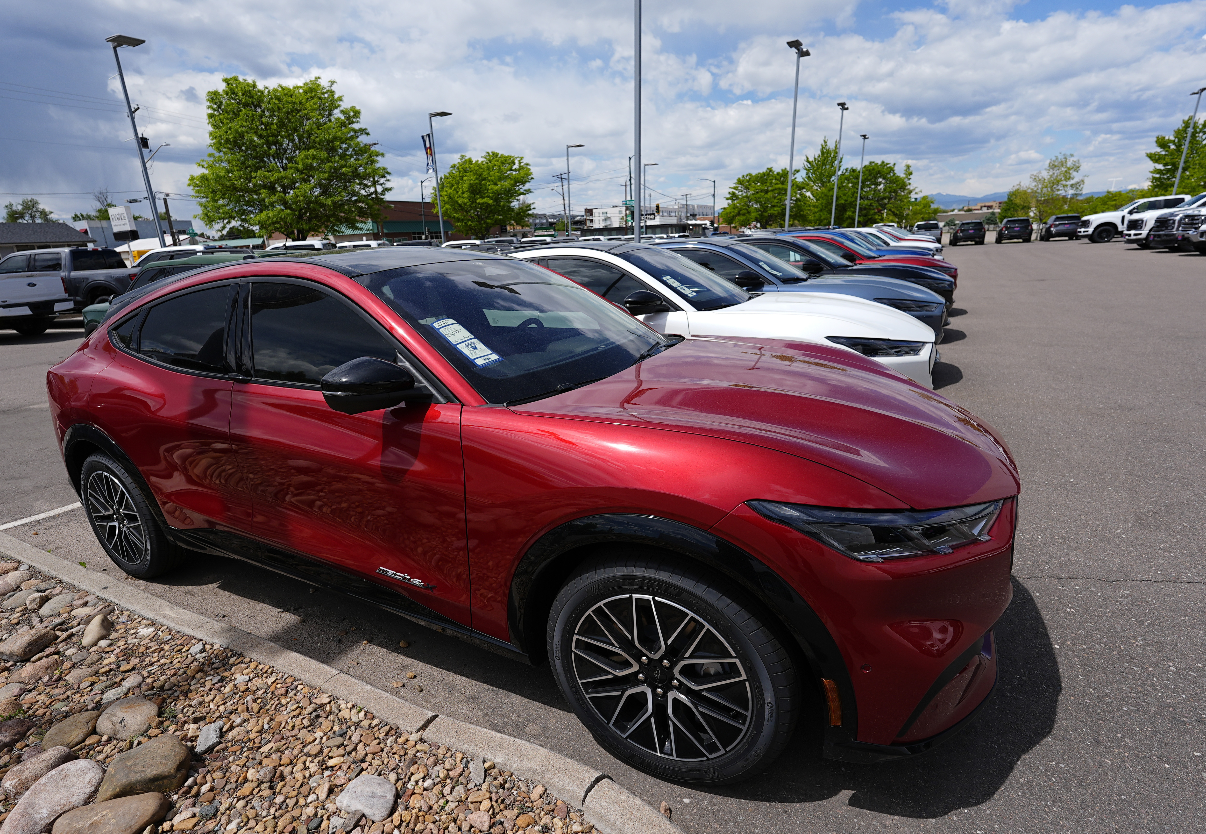 FILE - A line of unsold 2024 Mustang Mach-E electric utility vehicles sit at a Ford dealership May 19, 2024, in Denver. (AP Photo/David Zalubowski, File)