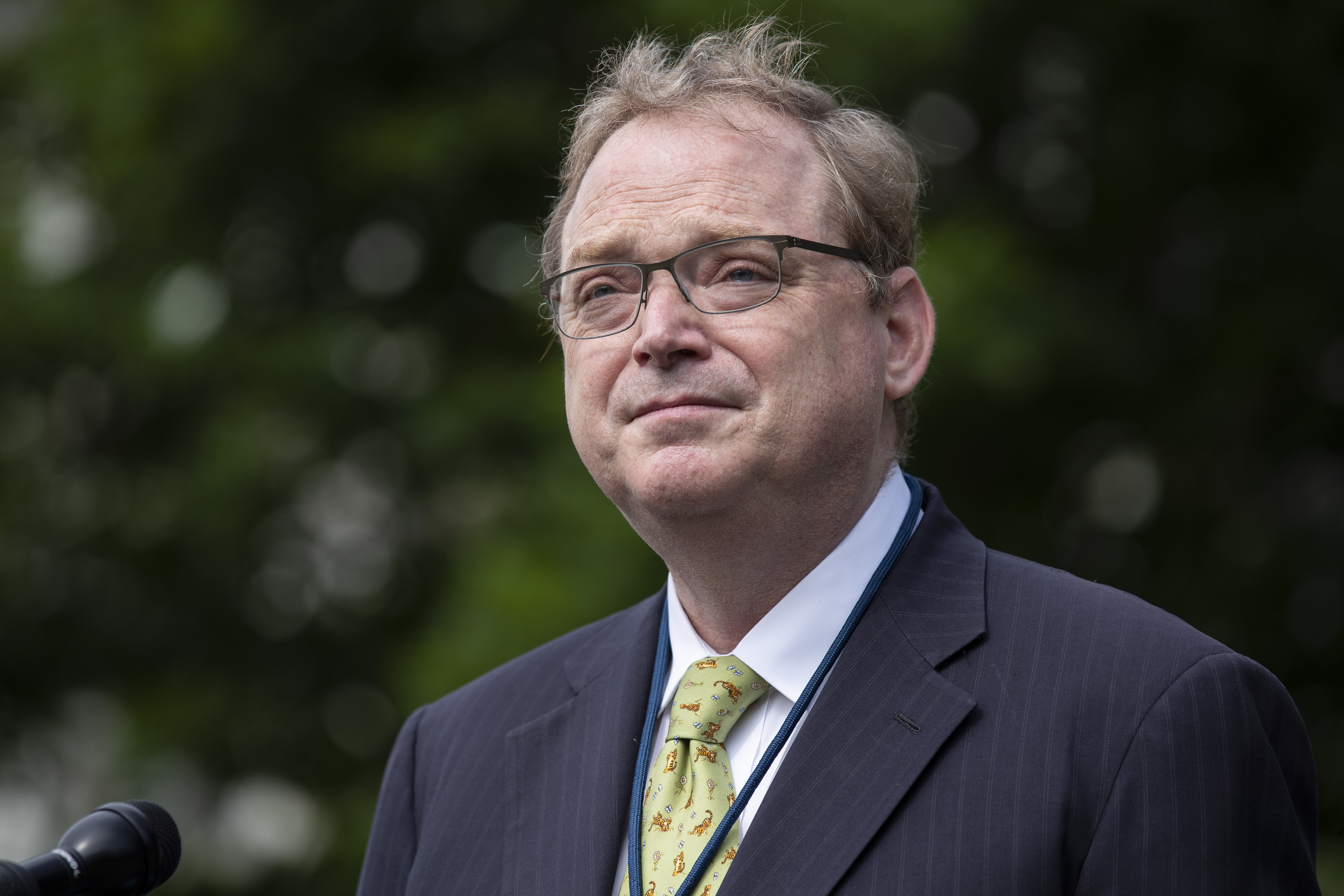 FILE - White House senior adviser Kevin Hassett speaks with reporters at the White House, June 19, 2020, in Washington. (AP Photo/Alex Brandon, File)