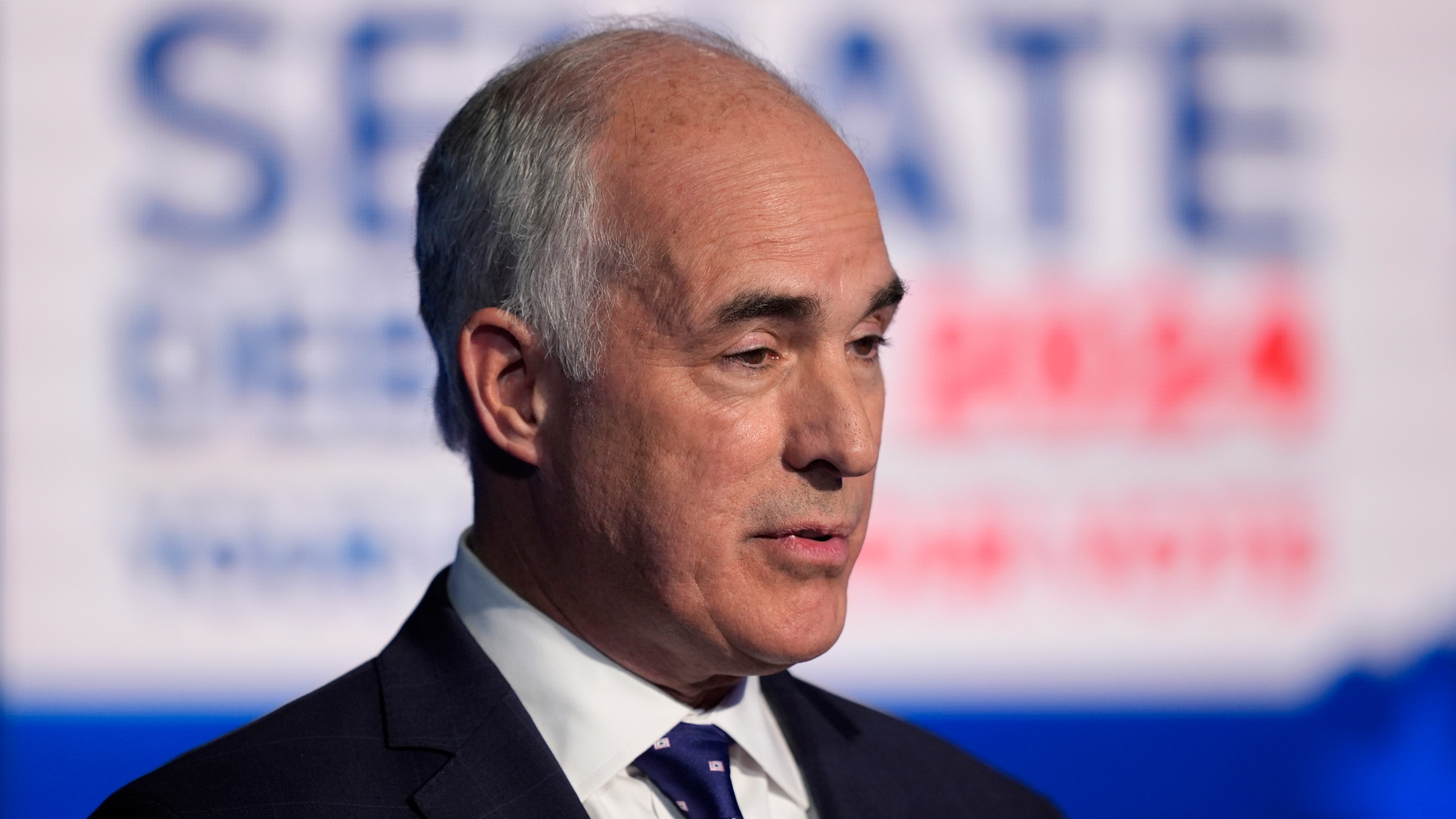 FILE - Pennsylvania Senate candidate Sen. Bob Casey, D-Pa., takes part in a debate at the WPVI-TV studio, Oct. 15, 2024, in Philadelphia. (AP Photo/Matt Rourke, File)