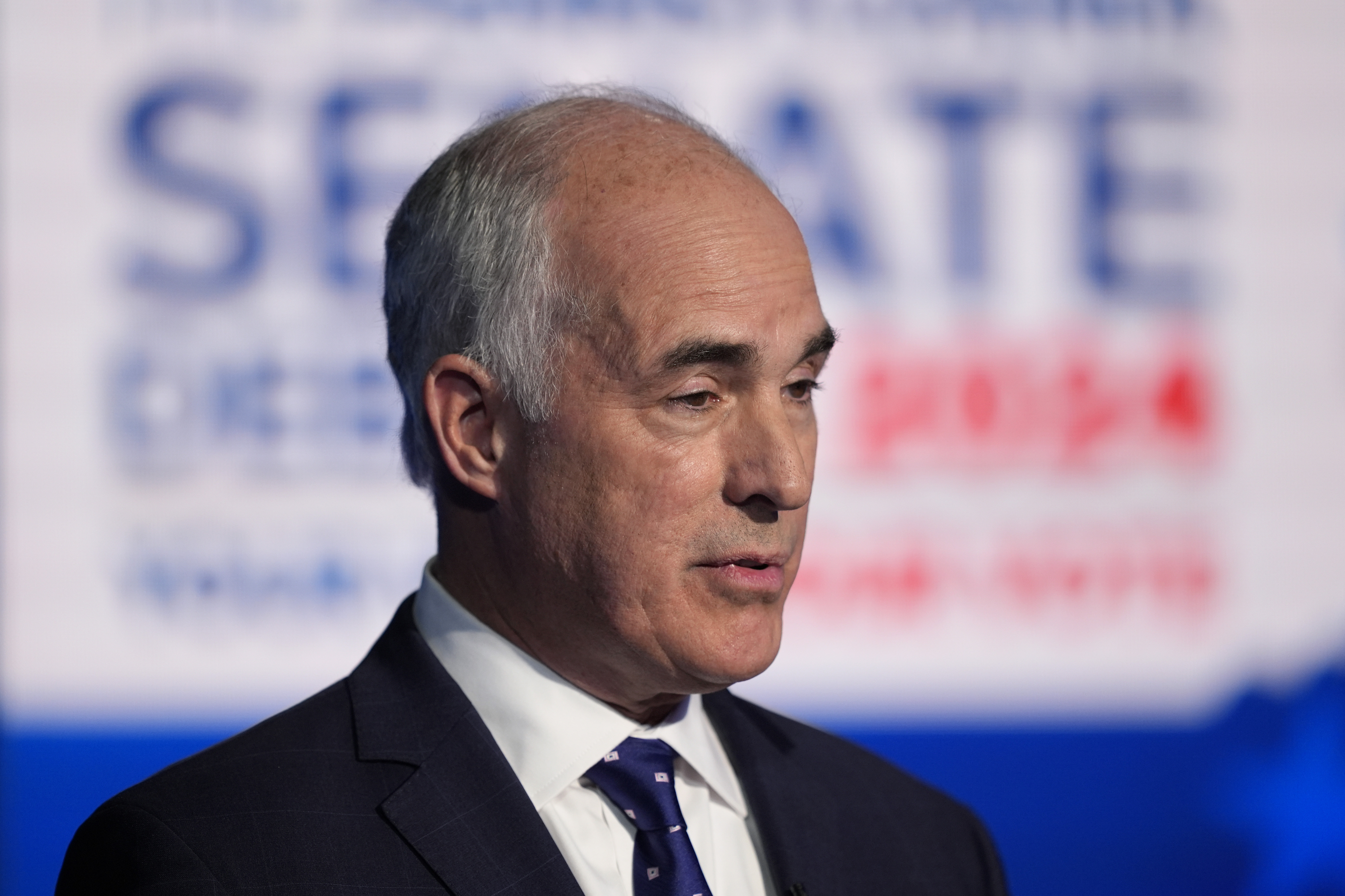 FILE - Pennsylvania Senate candidate Sen. Bob Casey, D-Pa., takes part in a debate at the WPVI-TV studio, Oct. 15, 2024, in Philadelphia. (AP Photo/Matt Rourke, File)