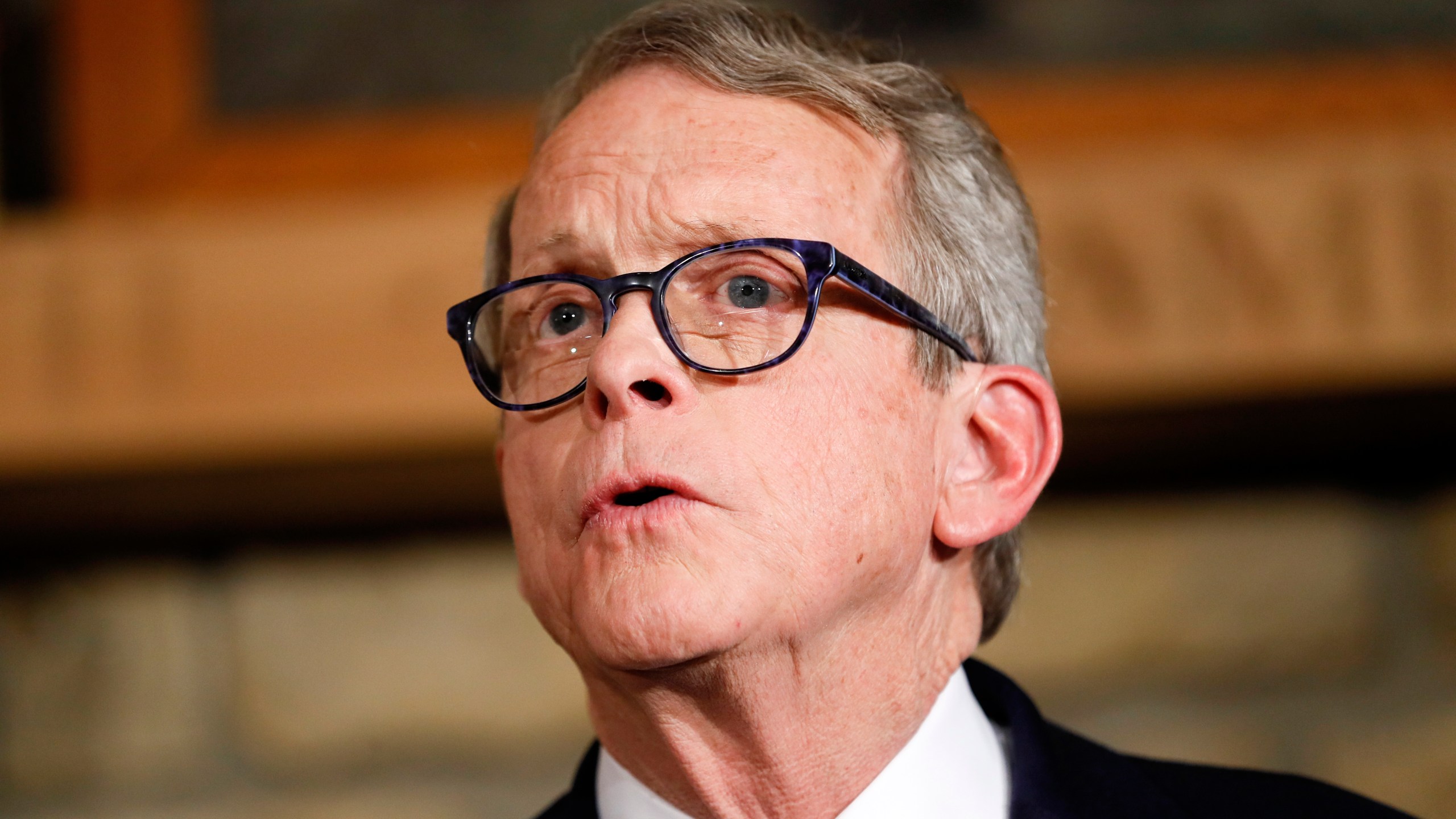 FILE - Mike DeWine speaks, Jan. 14, 2019, in Cedarville, Ohio. (AP Photo/John Minchillo, Pool, File)