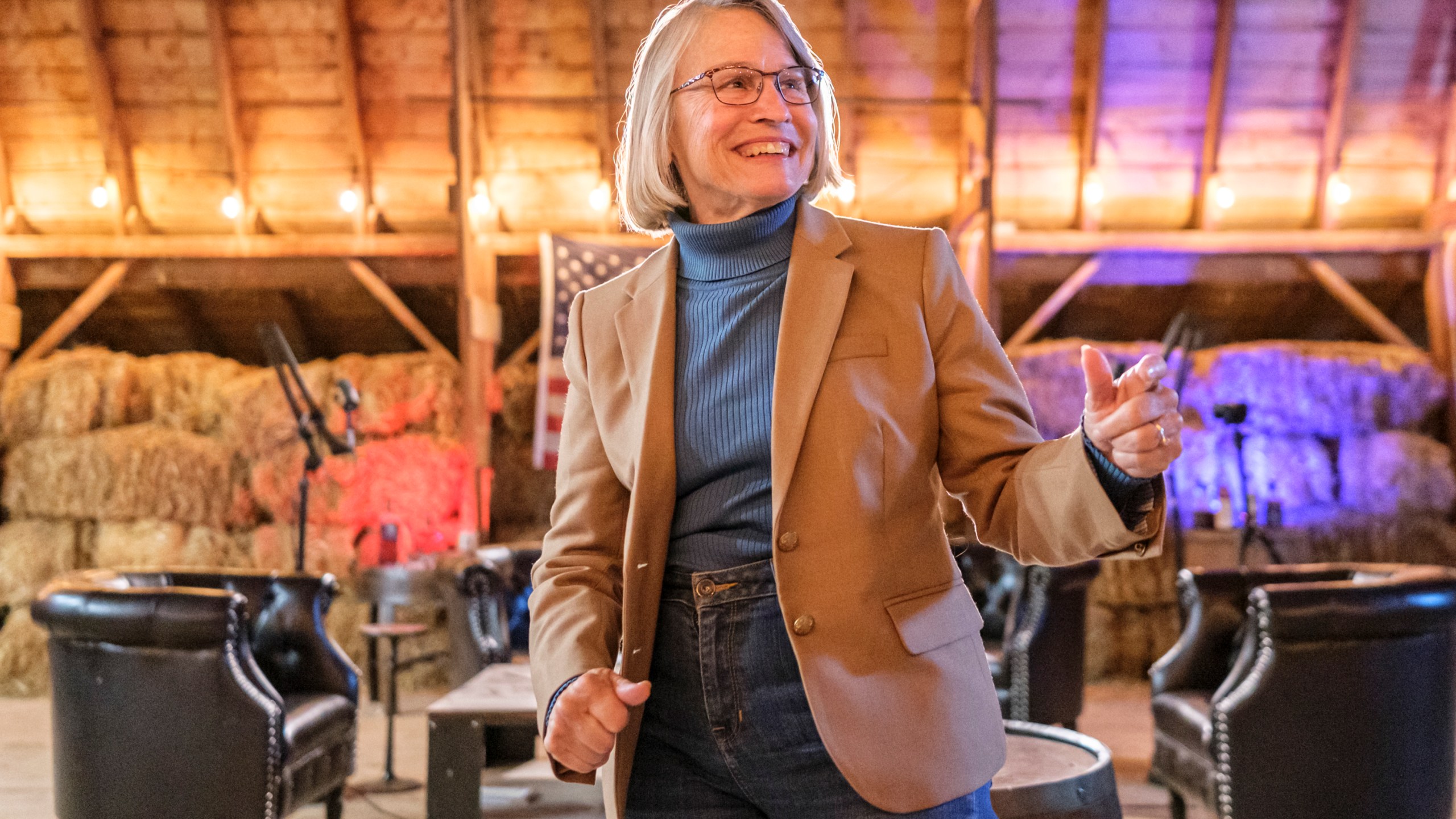 FILE - Rep. Mariannette Miller-Meeks, R-Iowa, speaks with local farmers on the set of the Barn Talk podcast on the Whisler family farm near Washington, Iowa, Nov. 1, 2024. (Nick Rohlman/The Gazette via AP FILE)