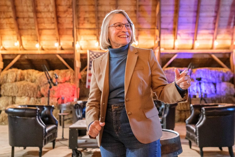 FILE - Rep. Mariannette Miller-Meeks, R-Iowa, speaks with local farmers on the set of the Barn Talk podcast on the Whisler family farm near Washington, Iowa, Nov. 1, 2024. (Nick Rohlman/The Gazette via AP FILE)