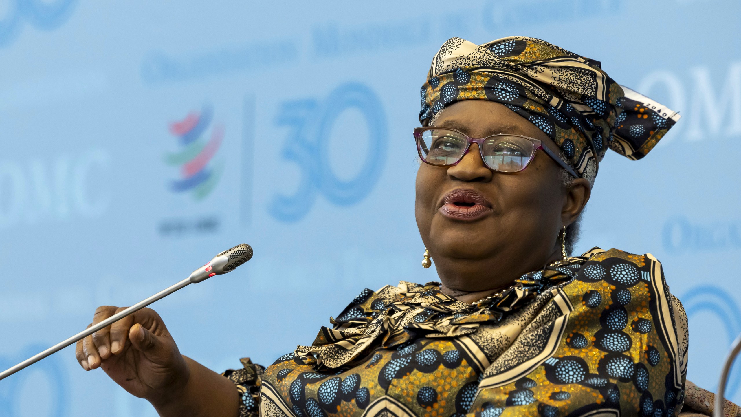 FILE - Nigeria's Ngozi Okonjo-Iweala, Director General of the World Trade Organisation (WTO), speaks during the panel discussion at the WTO's Presidential Lecture Series, at the headquarters of the World Trade Organization in Geneva, Switzerland, Friday, Nov. 1, 2024. (Salvatore Di Nolfi/Keystone via AP, File)