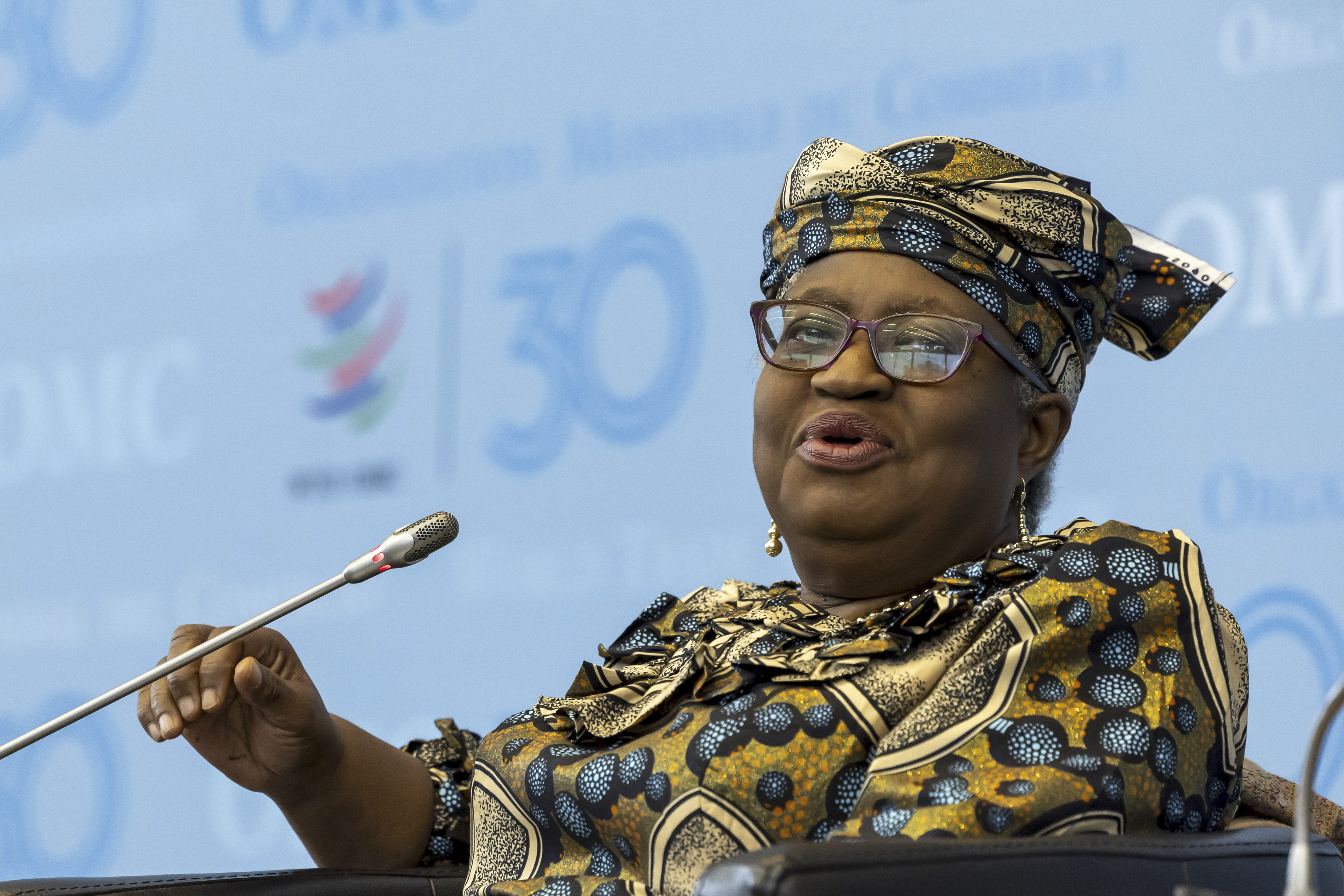 FILE - Nigeria's Ngozi Okonjo-Iweala, Director General of the World Trade Organisation (WTO), speaks during the panel discussion at the WTO's Presidential Lecture Series, at the headquarters of the World Trade Organization in Geneva, Switzerland, Friday, Nov. 1, 2024. (Salvatore Di Nolfi/Keystone via AP, File)