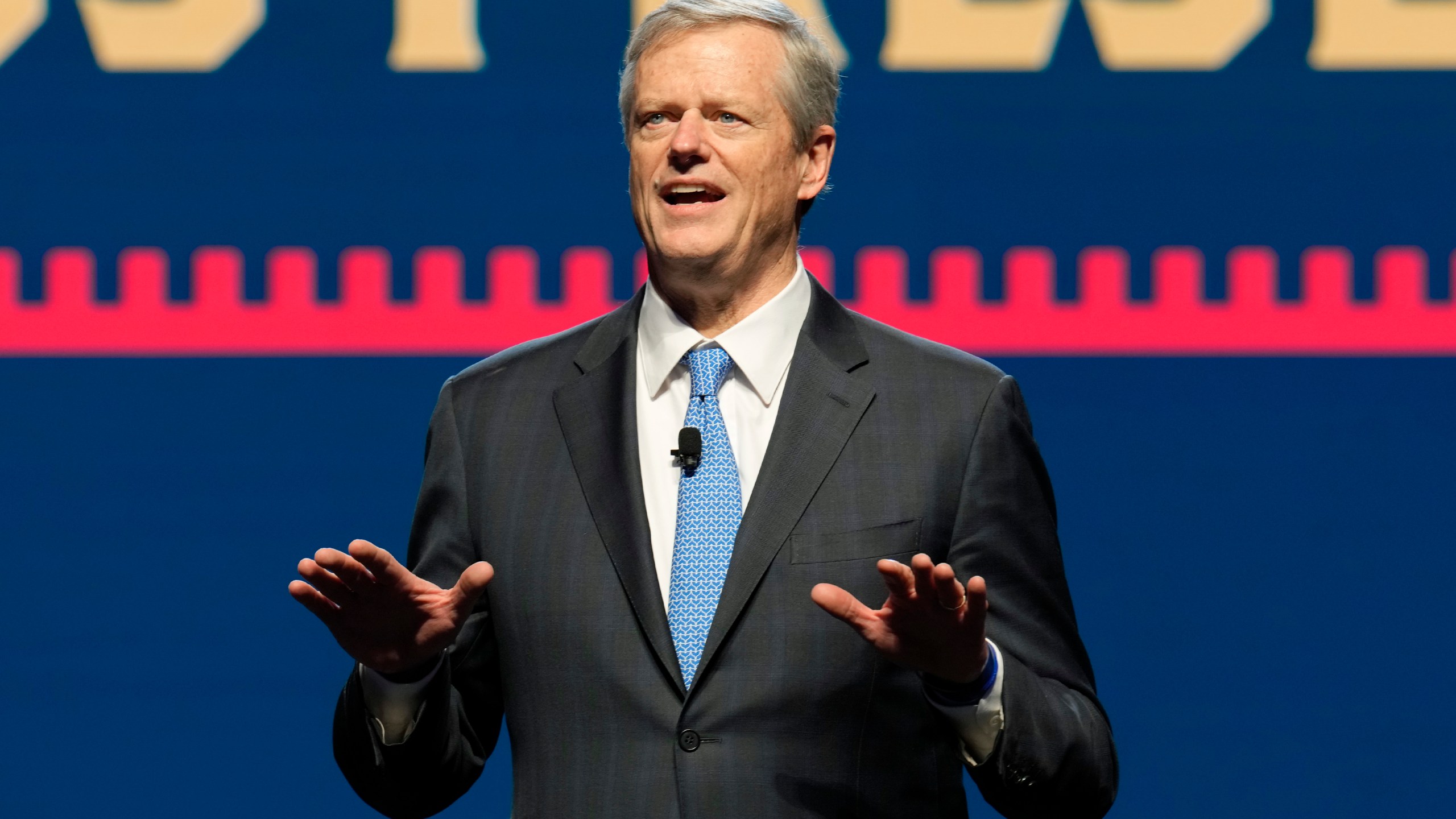 FILE - NCAA President Charlie Baker speaks at his first state of college sports address at the association's annual convention, Jan. 10, 2024, in Phoenix. (AP Photo/Ross D. Franklin, File)