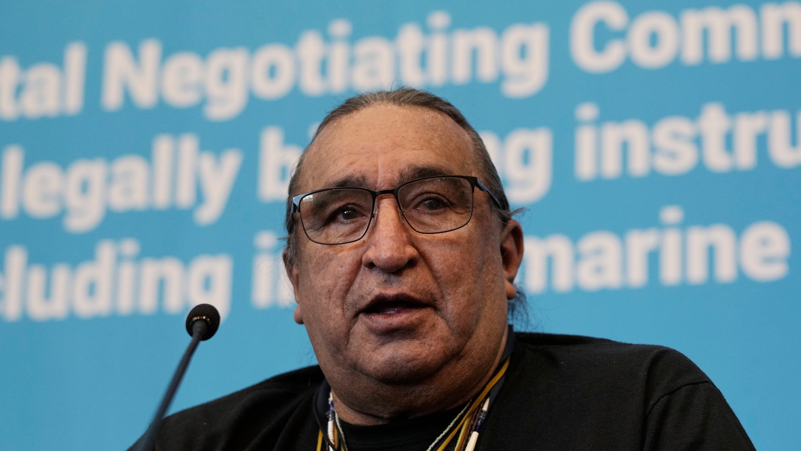 Juan Benito Marcias, a member of The International Indigenous Peoples' Forum on Plastic, speaks during a press conference at the fifth session of the Intergovernmental Negotiating Committee on Plastic Pollution in Busan, South Korea, Saturday, Nov. 30 2024. (AP Photo/Ahn Young-joon)