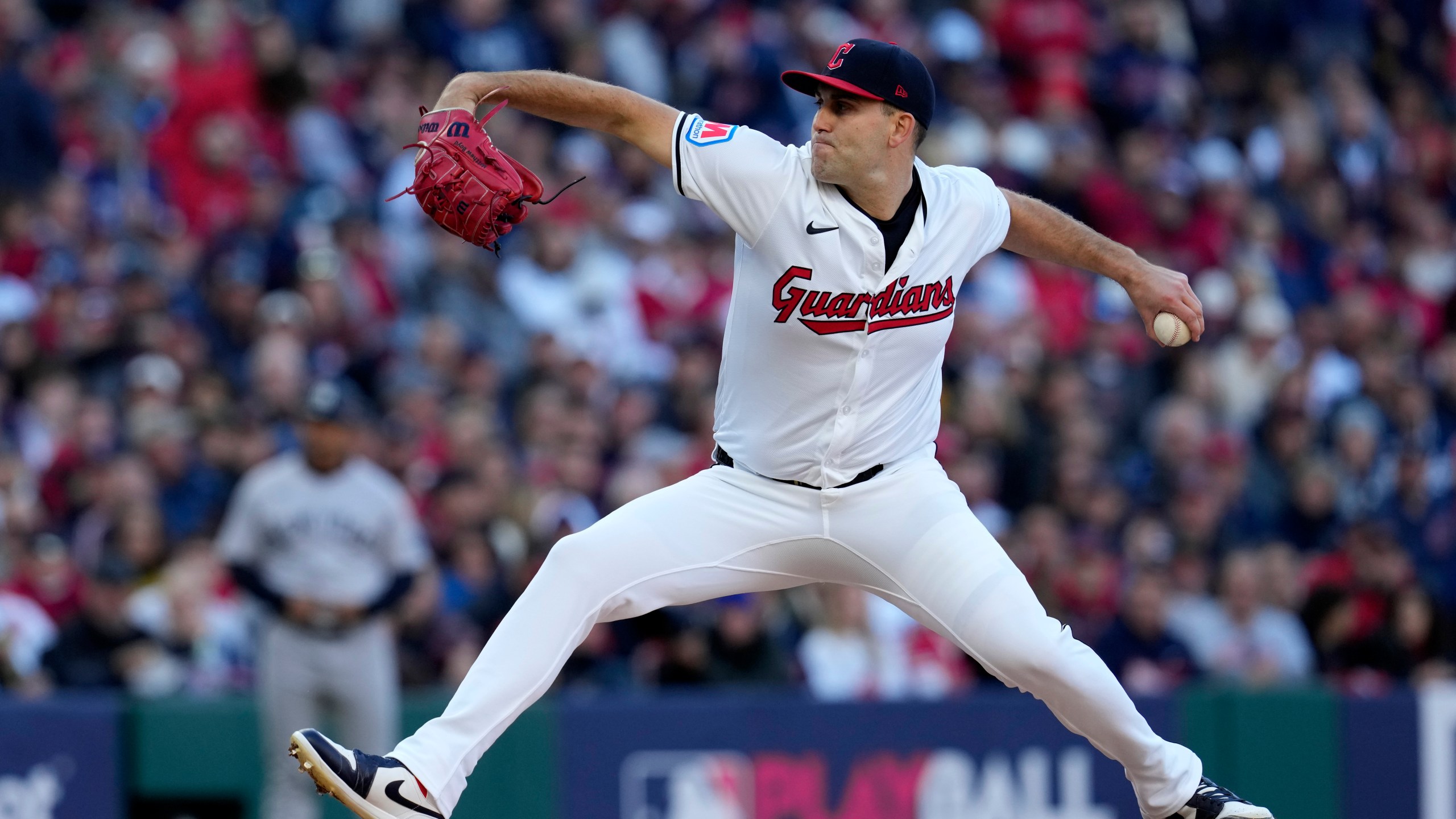 FILE - Cleveland Guardians starting pitcher Matthew Boyd throws against the New York Yankees during the first inning in Game 3 of the baseball AL Championship Series Thursday, Oct. 17, 2024, in Cleveland. (AP Photo/Godofredo Vásquez, File)