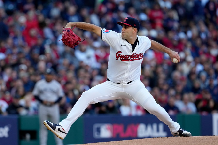 FILE - Cleveland Guardians starting pitcher Matthew Boyd throws against the New York Yankees during the first inning in Game 3 of the baseball AL Championship Series Thursday, Oct. 17, 2024, in Cleveland. (AP Photo/Godofredo Vásquez, File)