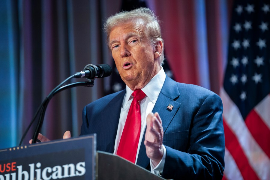 FILE - President-elect Donald Trump speaks during a meeting with the House GOP conference, Nov. 13, 2024, in Washington. (Allison Robbert/Pool via AP, File)