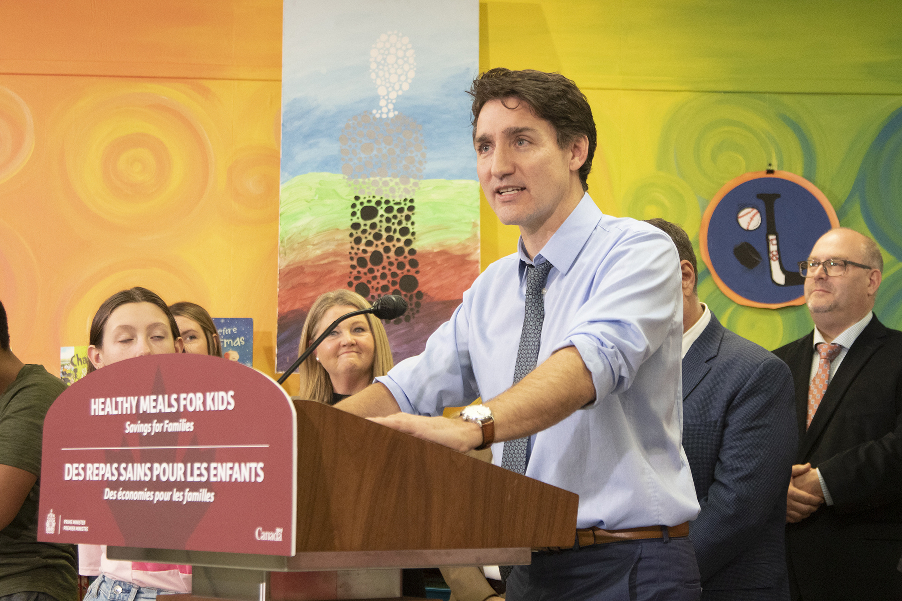 Canada Prime Minister Justin Trudeau speaks at an event where it was announced that Prince Edward Island has signed on to the Federal School food program, in Mount Stewart, Prince Edward Island, Canada, Friday, Nov. 29, 2024. (Ron Ward/The Canadian Press via AP)