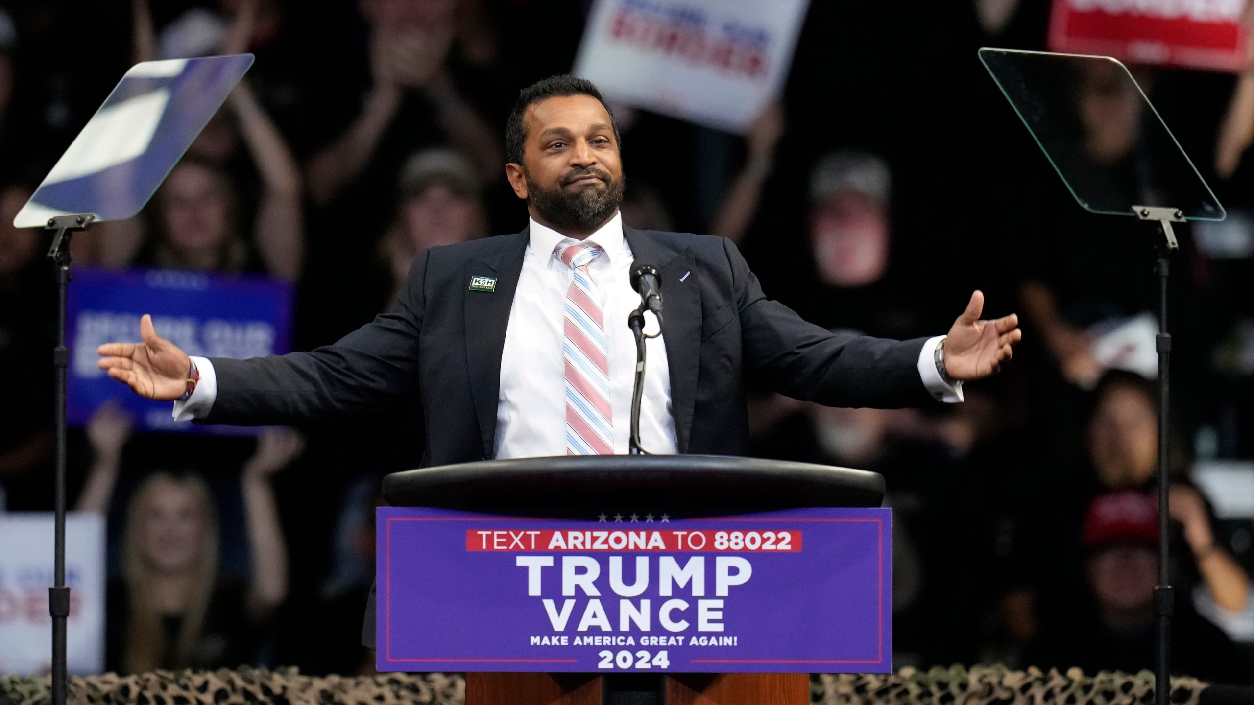 FILE - Kash Patel speaks before Republican presidential nominee former President Donald Trump at a campaign rally at the Findlay Toyota Arena Oct. 13, 2024, in Prescott Valley, Ariz. (AP Photo/Ross D. Franklin)