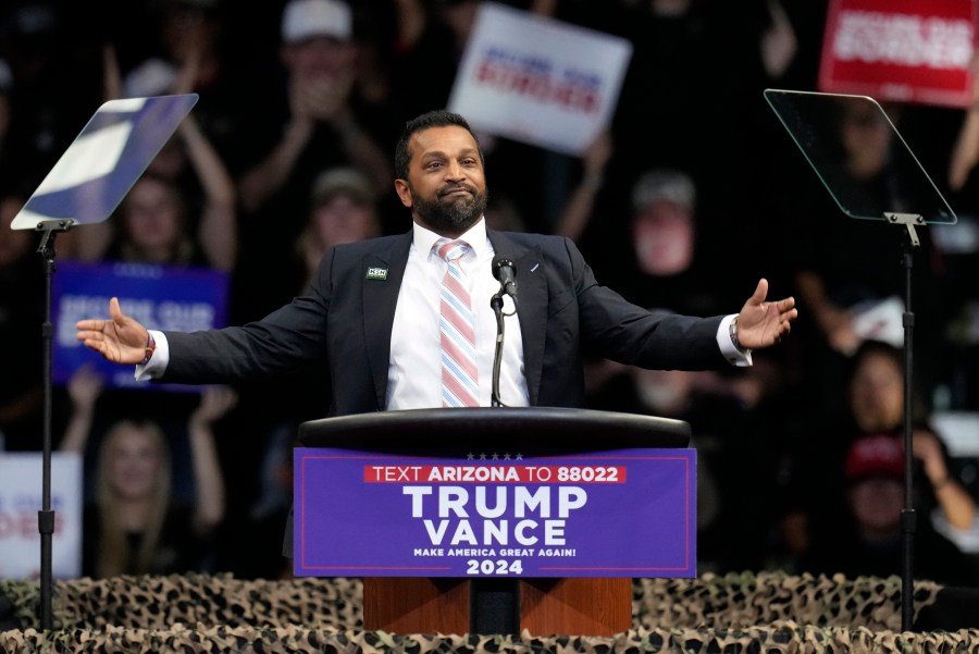 FILE - Kash Patel speaks before Republican presidential nominee former President Donald Trump at a campaign rally at the Findlay Toyota Arena Oct. 13, 2024, in Prescott Valley, Ariz. (AP Photo/Ross D. Franklin)