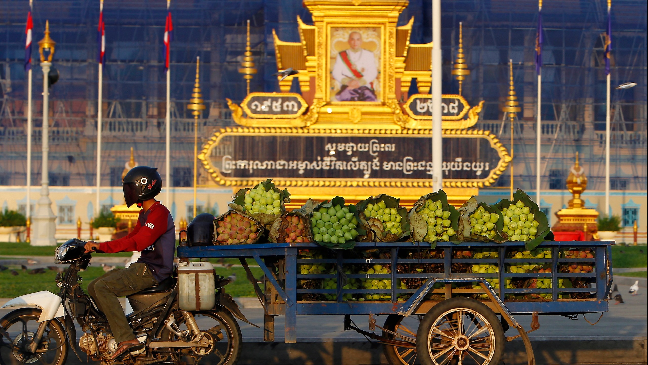 FILE -A Cambodian vendor transports lotus flowers past King Norodom Sihamoni's portrait in front of Royal Palace in Phnom Penh, Cambodia, May 14, 2018. (AP Photo/Heng Sinith), File)