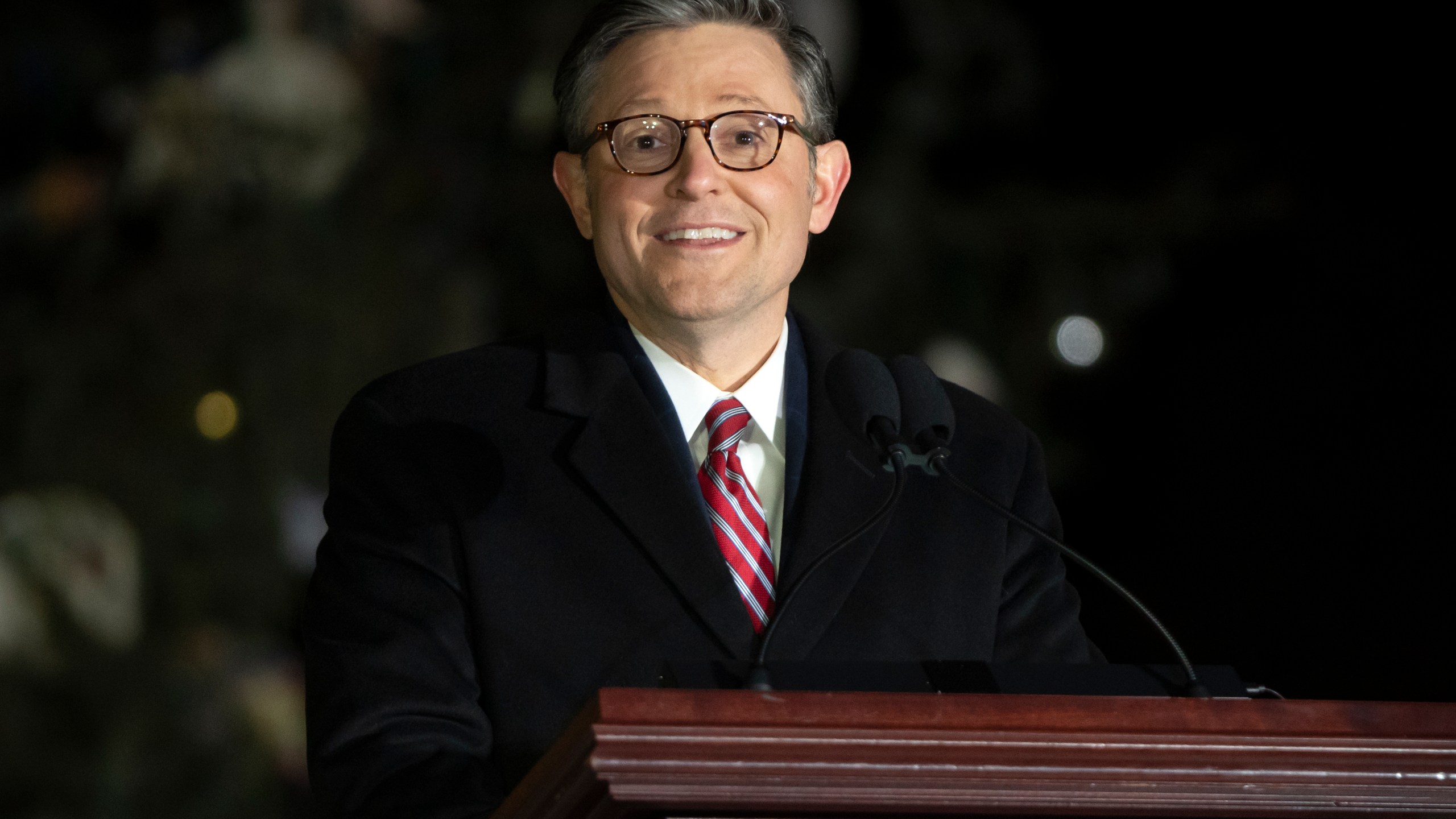 House Speaker Mike Johnson of La., speaks during the U.S. Capitol Christmas tree lighting ceremony on the West Front of the Capitol, Tuesday, Dec. 3, 2024, in Washington. (AP Photo/Mark Schiefelbein)