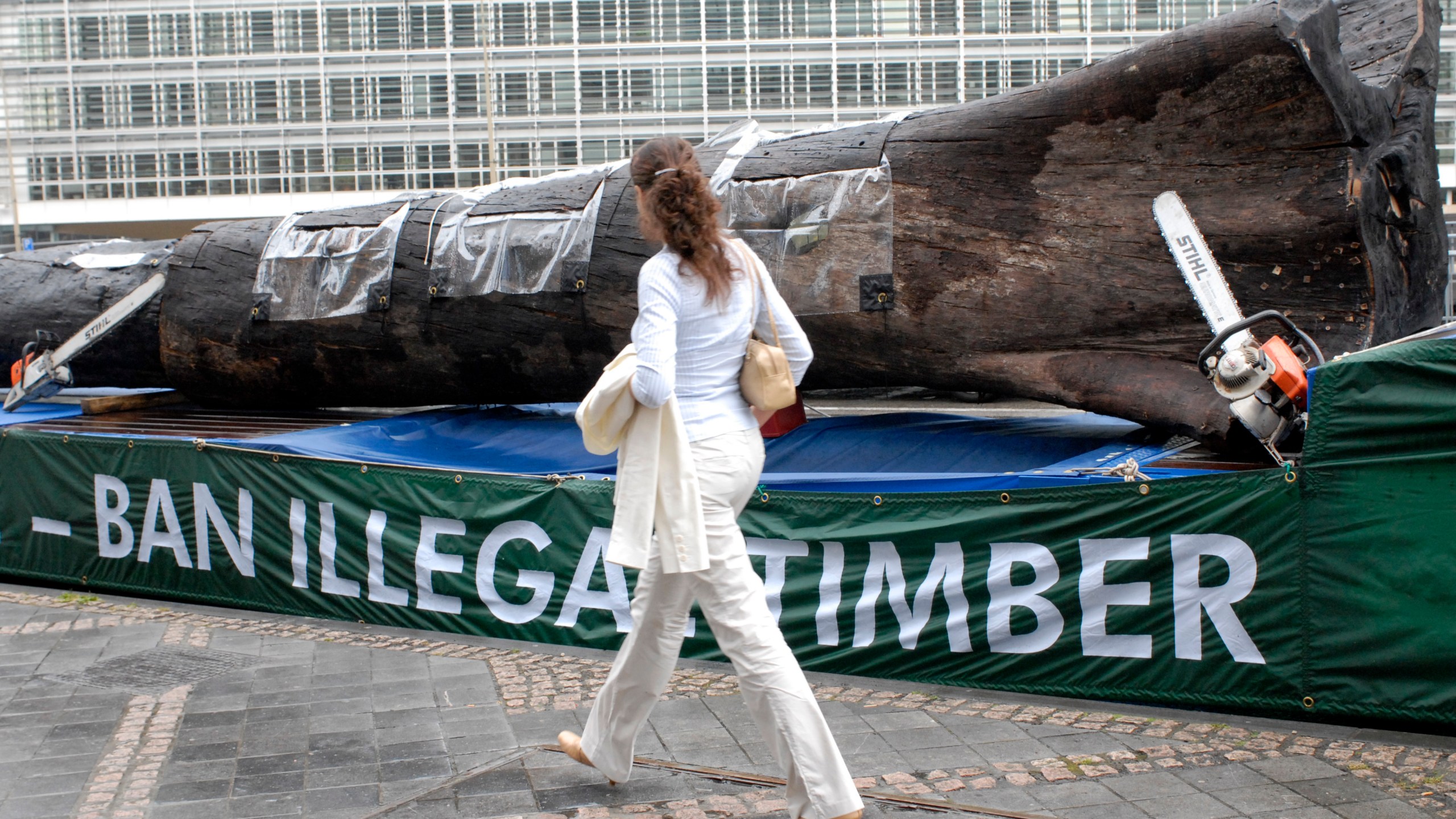 FILE -A woman walks passed a 12-meter Amazon tree trunk placed in front of the European Union Council building by environmental activists in Brussels, July 2, 2008 (AP Photo/Thierry Charlier), File)