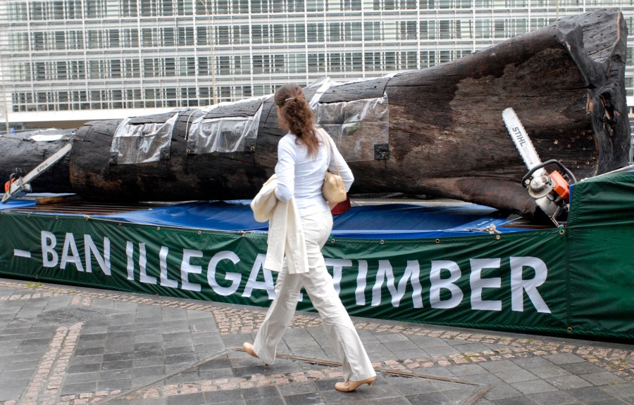 FILE -A woman walks passed a 12-meter Amazon tree trunk placed in front of the European Union Council building by environmental activists in Brussels, July 2, 2008 (AP Photo/Thierry Charlier), File)