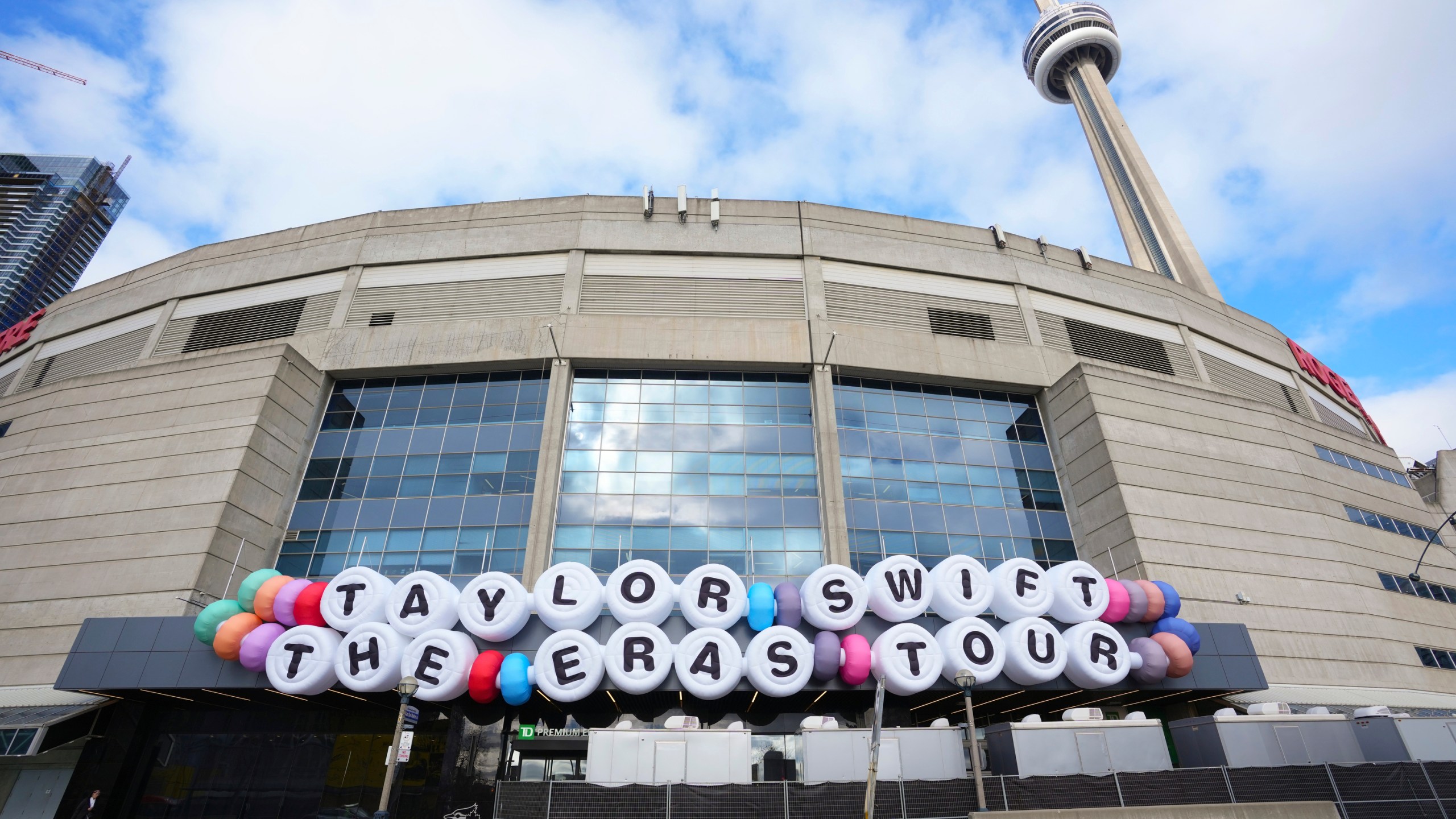 FILE.- A sign replicating the popular Taylor Swift bracelet is displayed in front of Rogers Centre promoting Swift's The Eras Tour in Toronto, on Nov. 13, 2024. (Chris Young/The Canadian Press via AP, File)