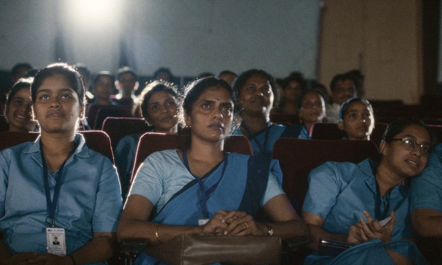 This image released by Janus and Sideshow Films shows Kani Kusruti, center, in a scene from "All We Imagine As Light." (Janus and Sideshow Films via AP)