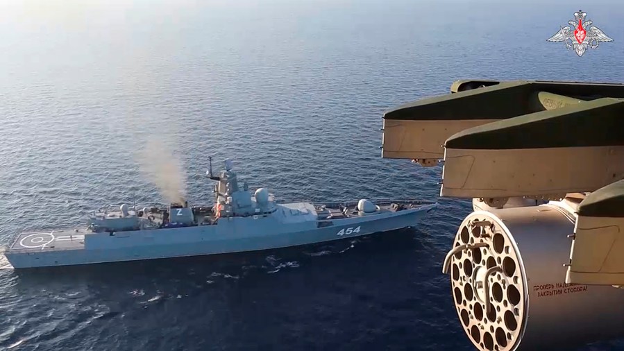 In this photo taken from video released by Russian Defense Ministry Press Service on Tuesday, Dec. 3, 2024, the Admiral Gorshkov frigate of the Russian navy is seen during drills in the Mediterranean Sea. (Russian Defense Ministry Press Service photo via AP)