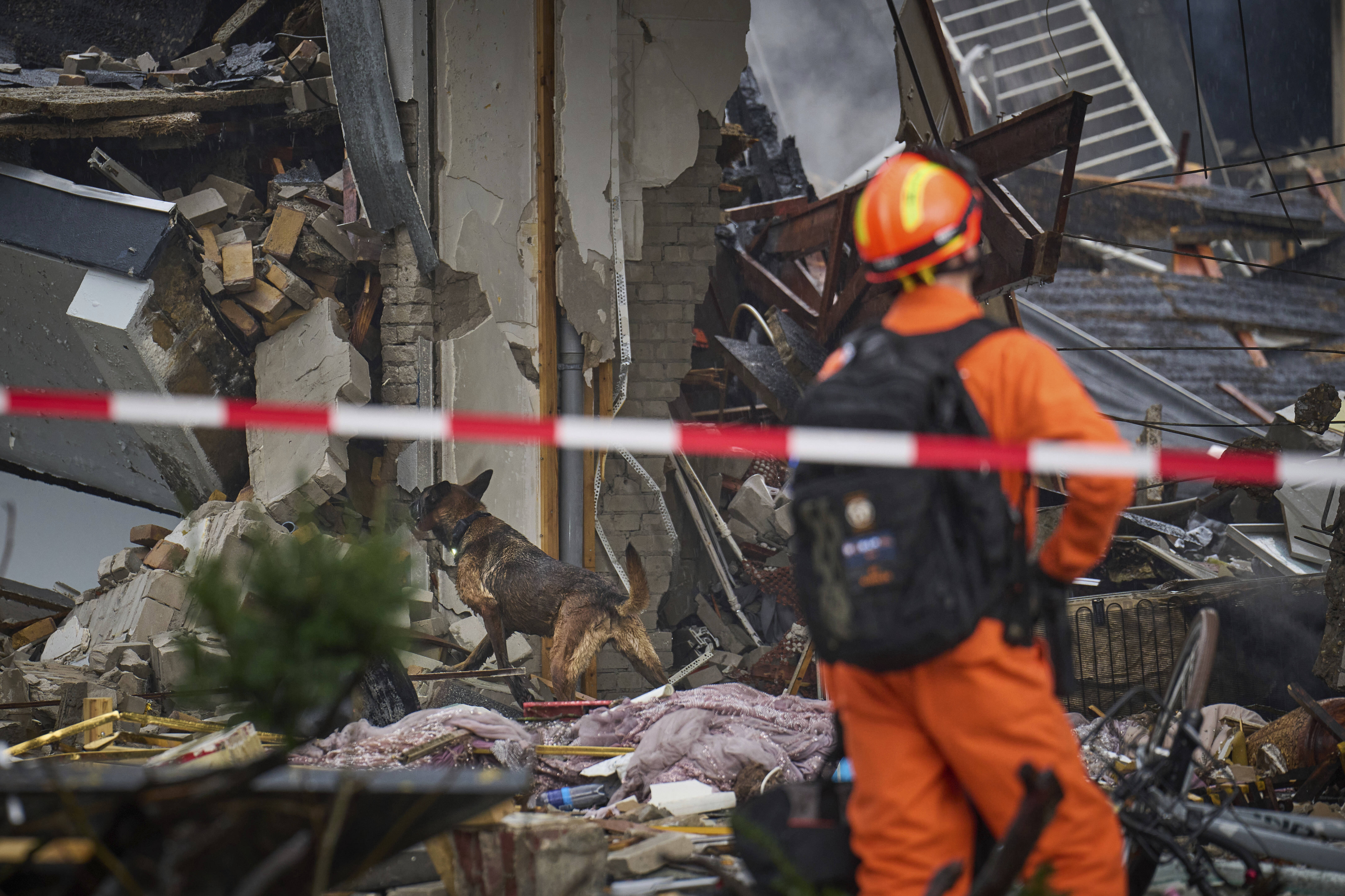 A search and rescue dog walks at a site of an explosion which destroyed several apartments and injured multiple people, at The Hague, Saturday, Dec. 7, 2024. (AP Photo/Phil Nijhuis)