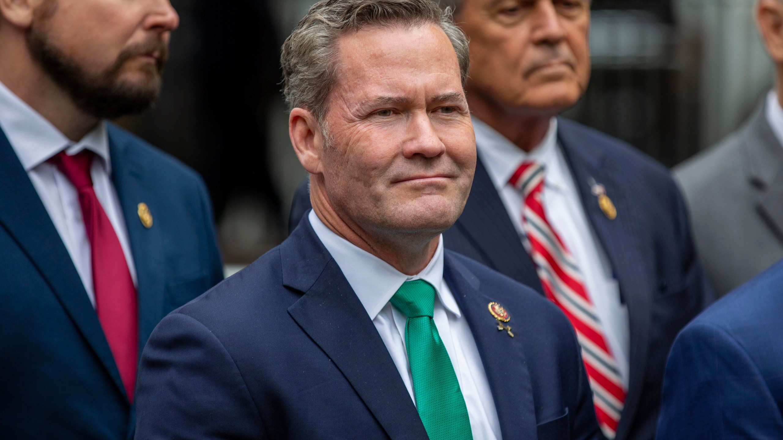 FILE - Rep. Michael Waltz, R-Fla., speaks outside the hush money criminal case of former president Donald Trump in New York, May 16, 2024. (AP Photo/Ted Shaffrey, File)