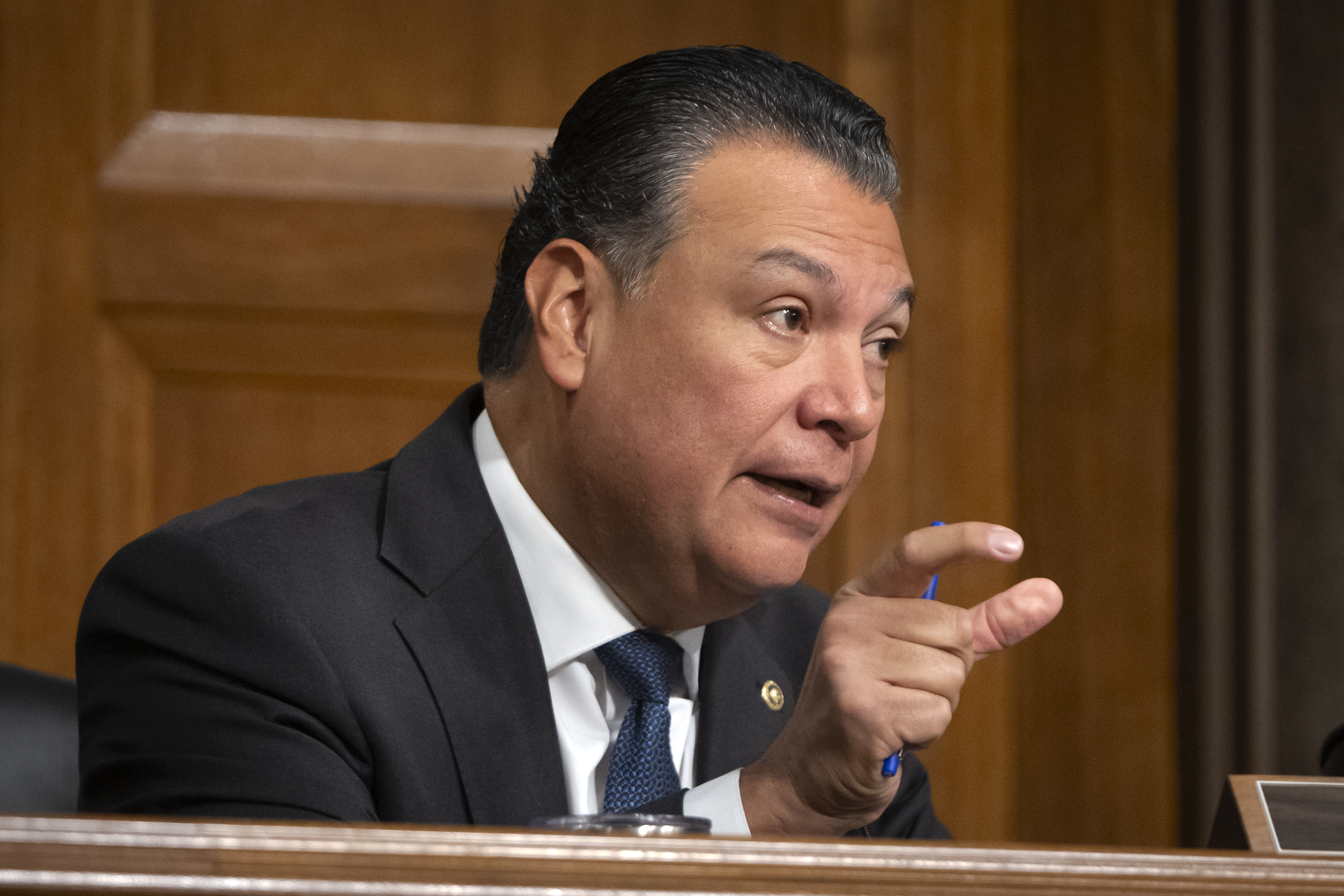 Sen. Alex Padilla, D-Calif., speaks during a hearing of the Senate Committee on the Judiciary on Capitol Hill, Tuesday, Dec. 10, 2024, in Washington. (AP Photo/Mark Schiefelbein)