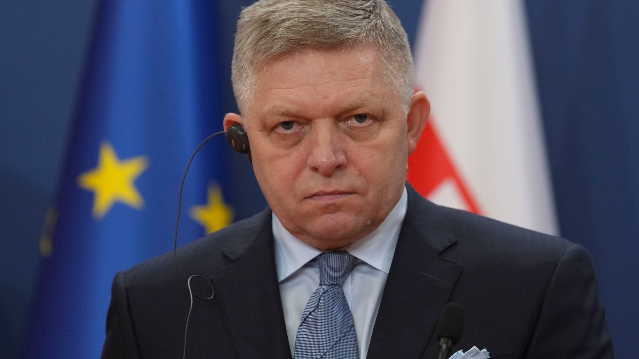 FILE - Slovakia's Prime Minister Robert Fico listens during a news conference in the Serbia Palace in Belgrade, Serbia, Thursday, Nov. 21, 2024. (AP Photo/Darko Vojinovic, File)