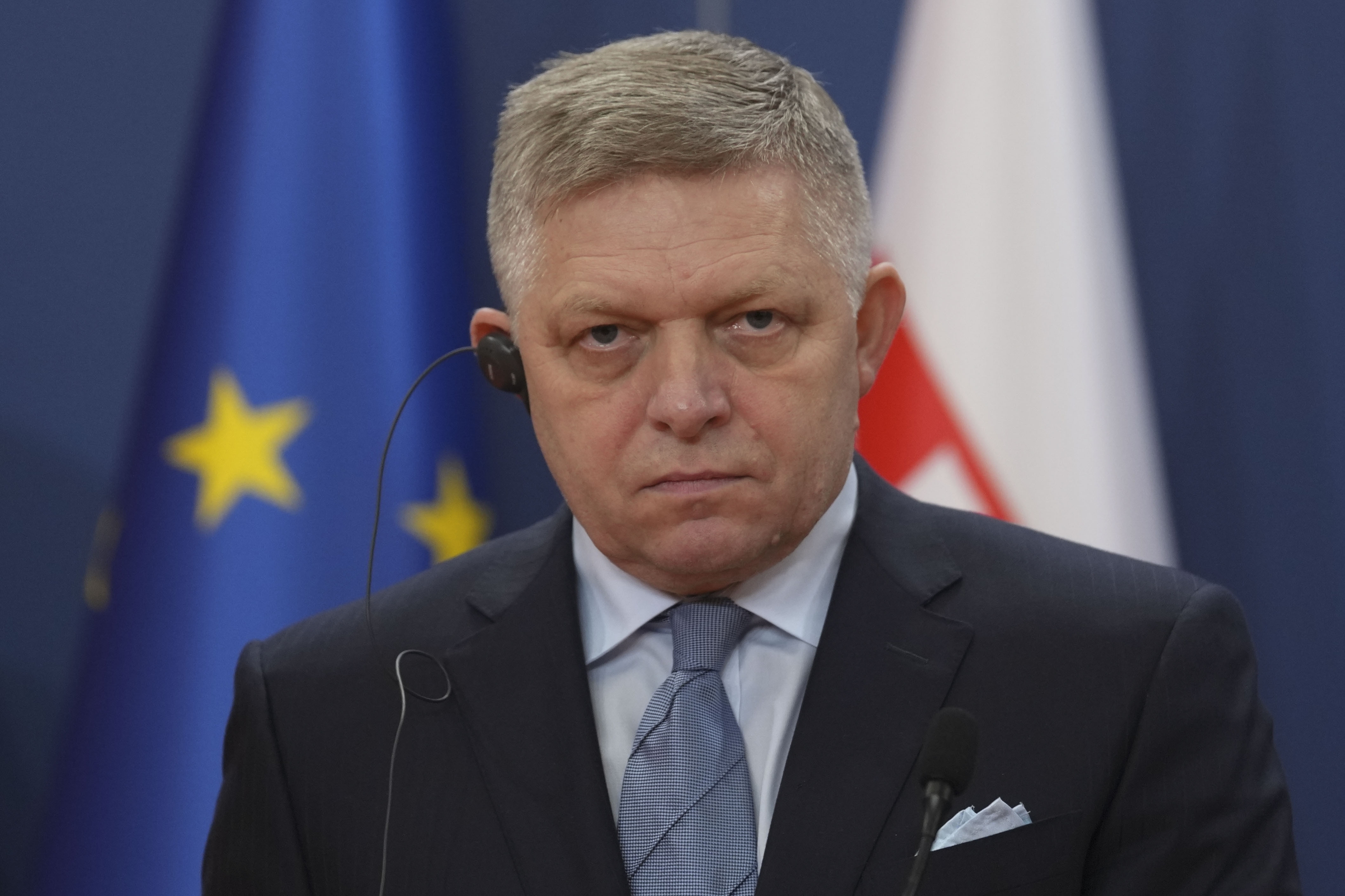 FILE - Slovakia's Prime Minister Robert Fico listens during a news conference in the Serbia Palace in Belgrade, Serbia, Thursday, Nov. 21, 2024. (AP Photo/Darko Vojinovic, File)