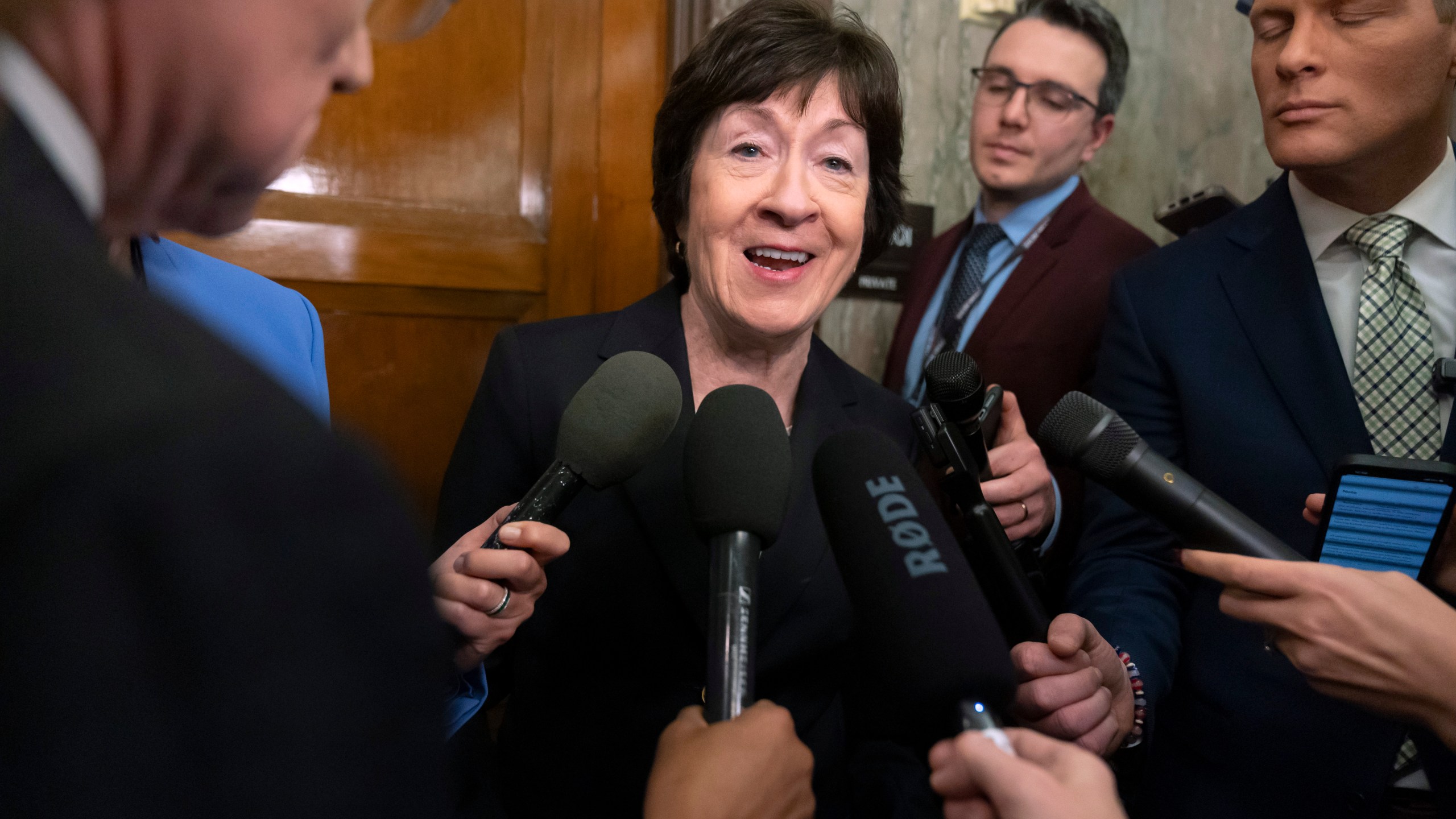 Sen. Susan Collins, R-Maine, speaks with reporters after meeting with Pete Hegseth, President-elect Donald Trump's choice to be defense secretary, on Capitol Hill, Wednesday, Dec. 11, 2024, in Washington. (AP Photo/Mark Schiefelbein)