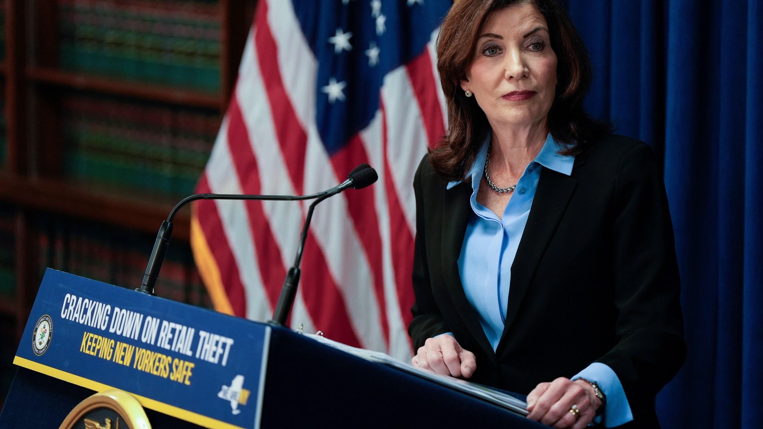 FILE - New York Gov. Kathy Hochul speaks at a press conference on Nov. 26, 2024, in the Queens borough of New York. (AP Photo/Julia Demaree Nikhinson, File)