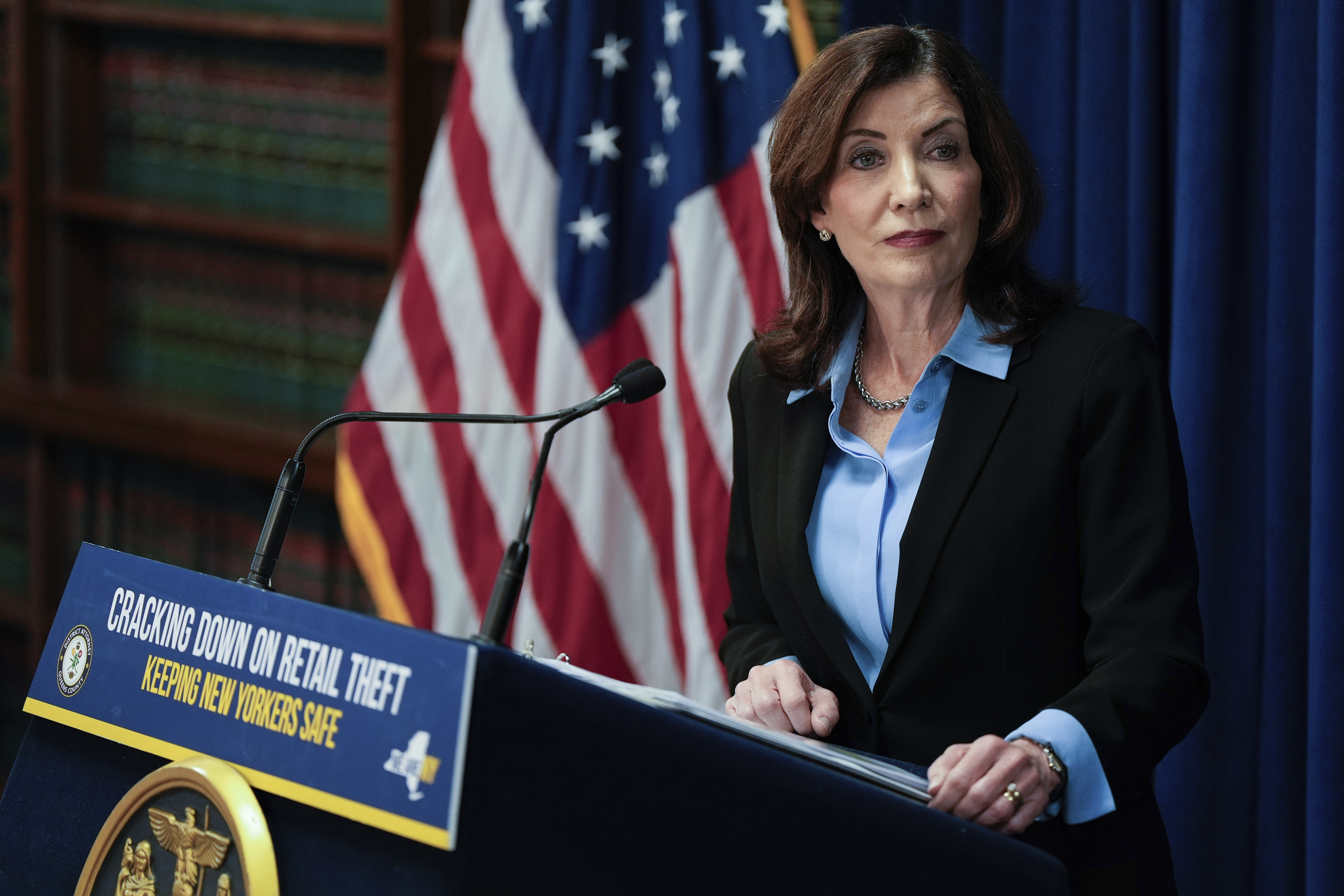 FILE - New York Gov. Kathy Hochul speaks at a press conference on Nov. 26, 2024, in the Queens borough of New York. (AP Photo/Julia Demaree Nikhinson, File)